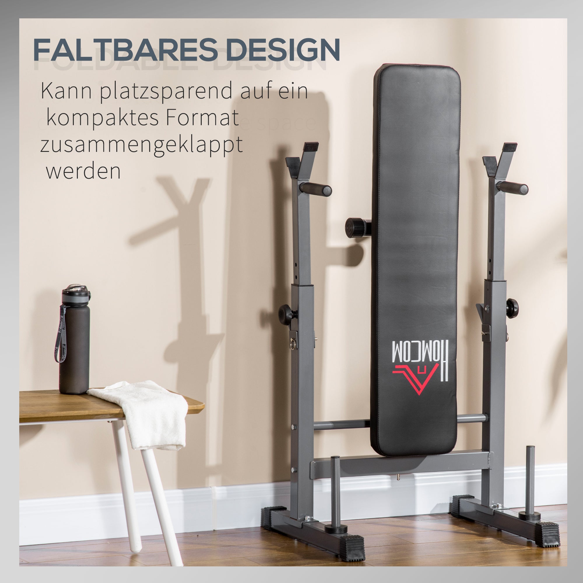 HOMCOM Hantelbank, 8 Positionen, klappbar, Stahlbasis, gepolstert, Kunstleder, 98-122H x 140L x 73B cm, Schwarz/Grau
