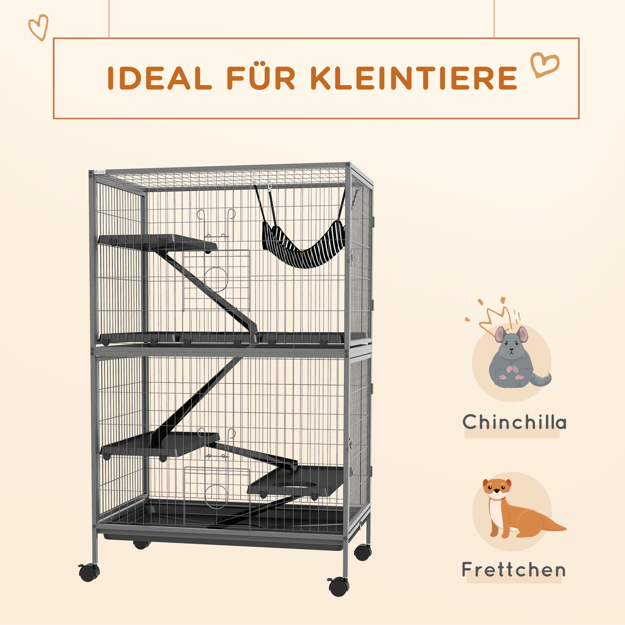 PawHut Kleintierkäfig mit Hängematte, Nagetierkäfig mit Rollen, 4-stöckiger Käfig, Metall, Kunststoff, 80 x 52 x 128 cm, Grau