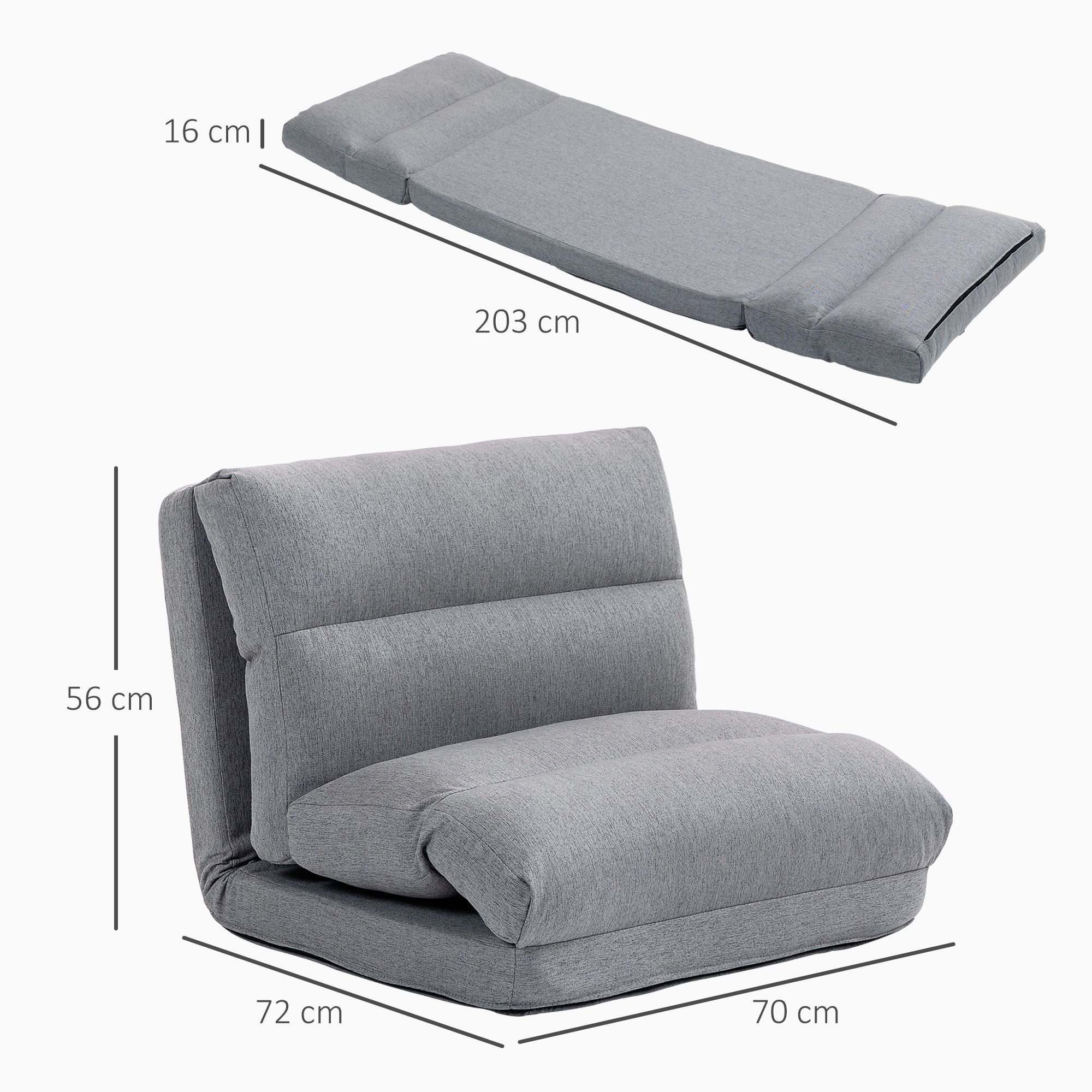HOMCOM Sitzsack mit Bettfunktion, neigbare Lehne, klappbar, bis 120kg, 70 x 72 x 56 cm, Grau