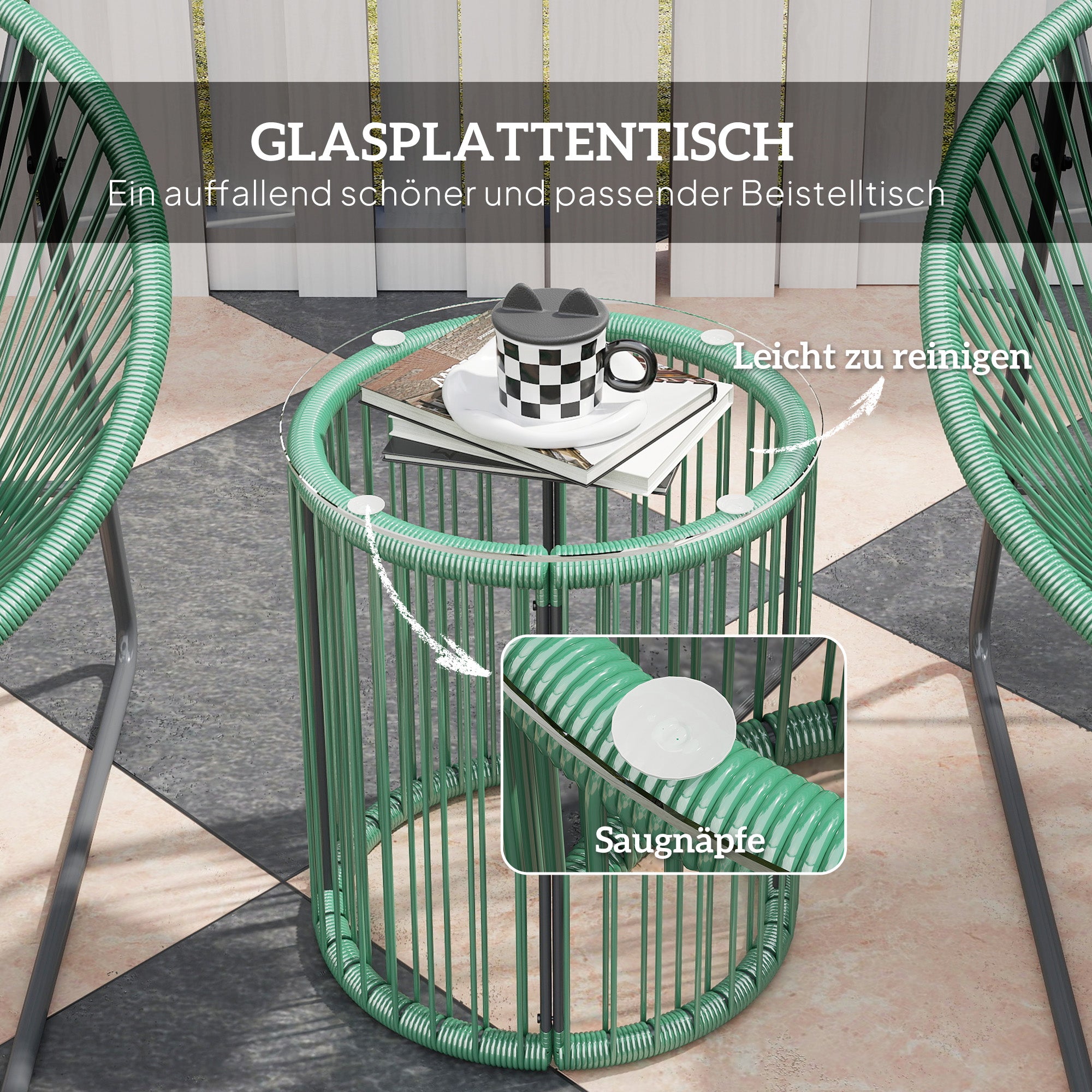 Outsunny 3-teiliges Outdoor-Möbelset, 1 Tisch, 2 Stühle, Glastischplatte, Kunststoff-Rattan um Stahlrahmen, weiche Kissen, Grün
