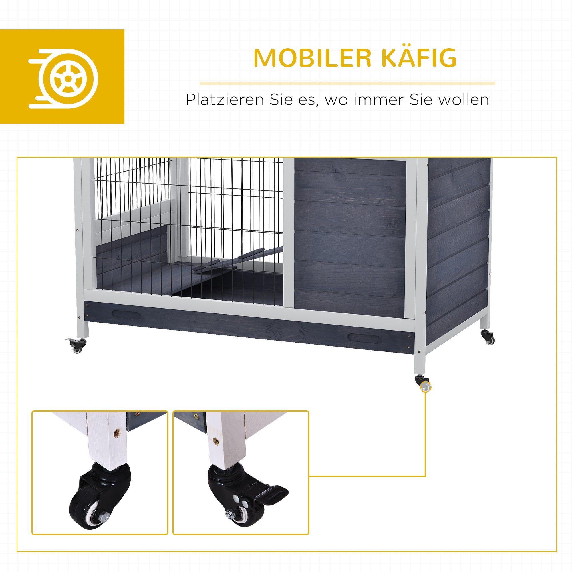 PawHut Kleintierstall mit Rädern Kleintierkäfig Meerschweinchenstall Meerschweinchenkäfig Kleintierhaus Tannenholz Dunkelgrau+Weiß 90 x 53 x 59 cm