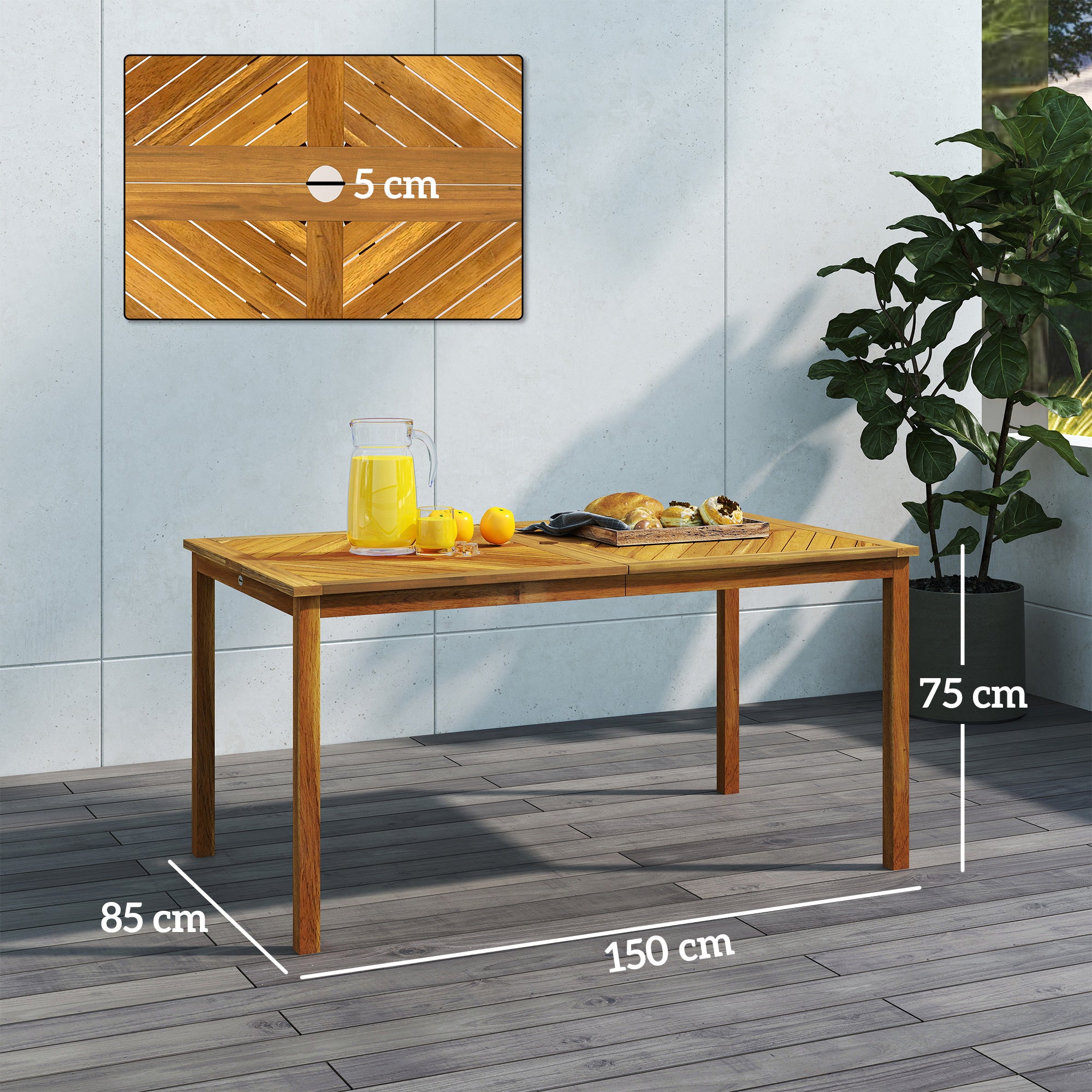Outsunny Gartentisch 150x85cm, Wetterfest Balkontisch aus Holz, 6 Personen mit Schirmloch, Lamellendesign Naturholz