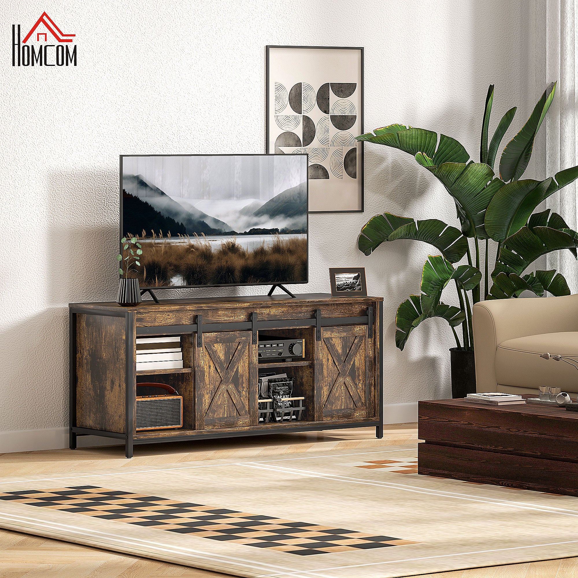 HOMCOM TV Lowboard TV-Schrank 60 Zoll 6 Fächer Schiebetüren Rustikal-Braun