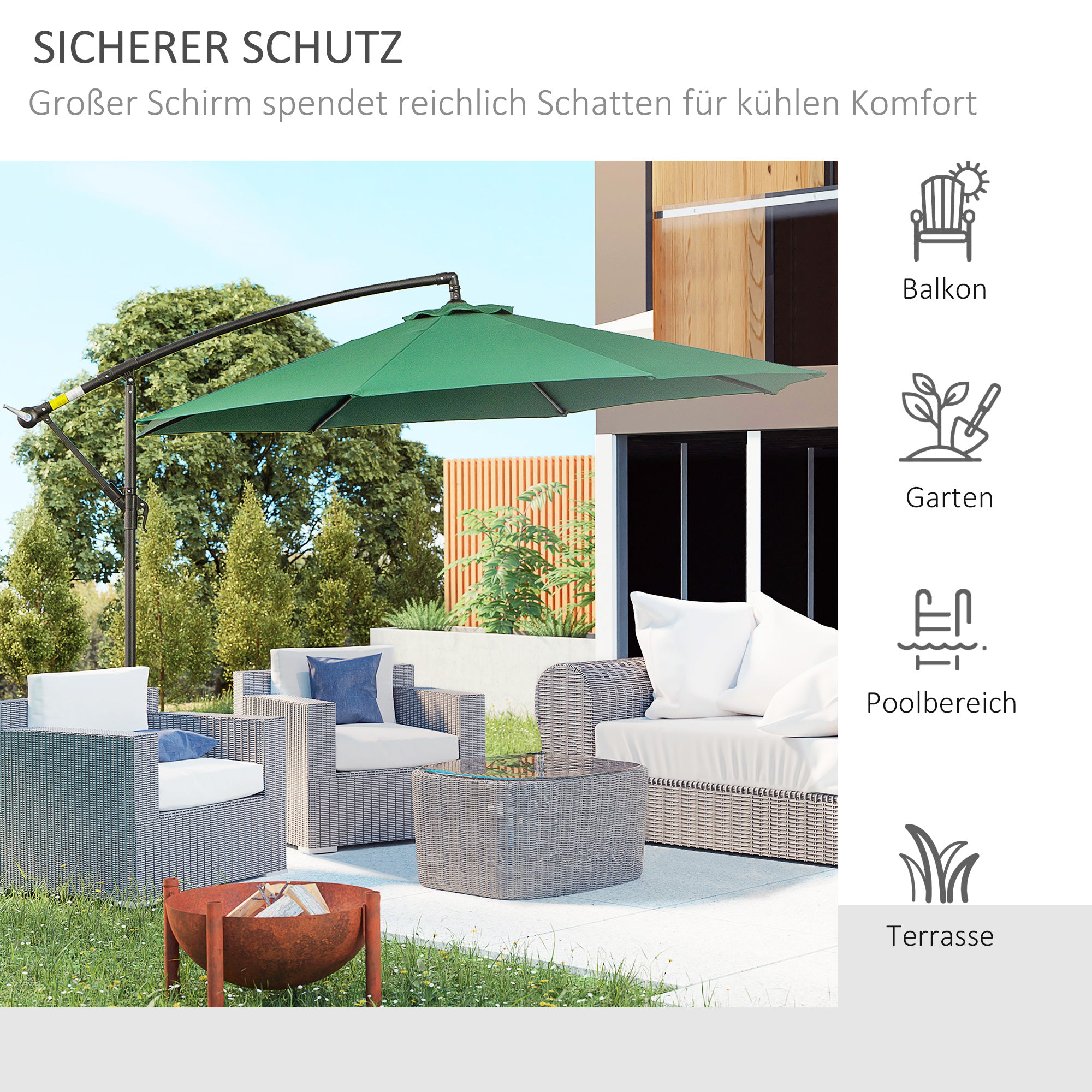 Outsunny Sonnenschirm mit Handkurbel Wetterbeständig 3 m x 3 m x 2,5 m XXL Grün
