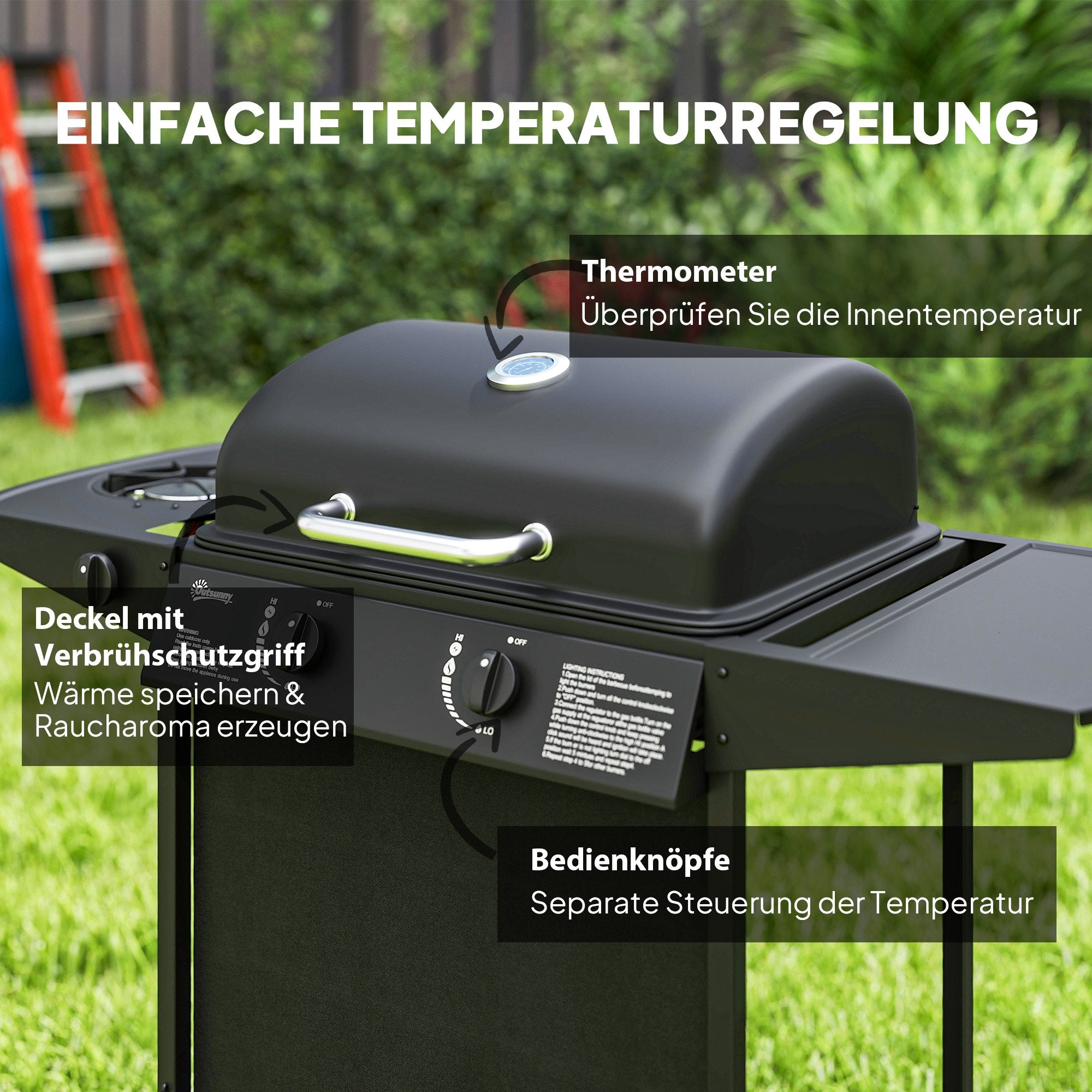 Outsunny Gasgrill 7 KW Grillwagen inkl 3 Brenner Seitenkocher Rolle Deckel 107 x 54 x 96 cm Schwarz