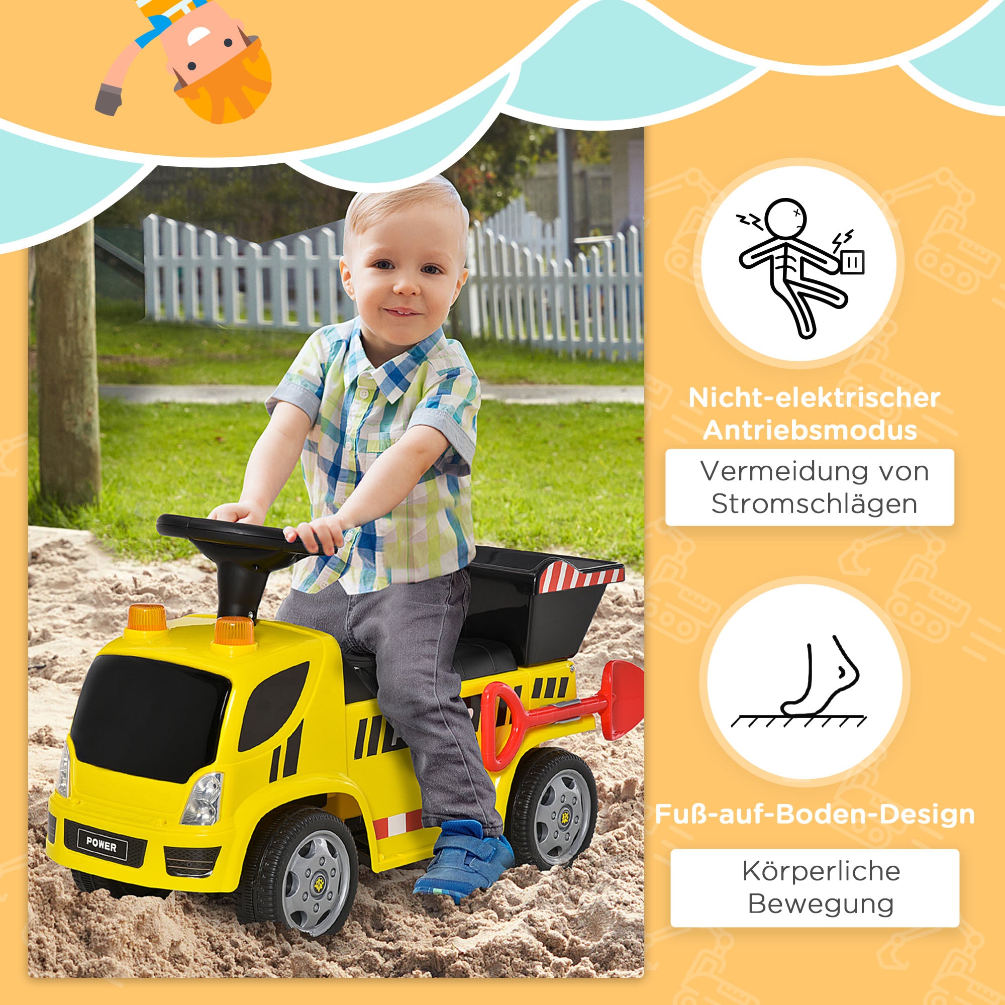 HOMCOM Sitzbagger für Kinder Rutscherfahrzeug mit Kippen Eimer und Schaufel Fuß Rutscherauto unter Sitz Lagerung für Baby 18-36 Monaten Metall PP-Kunststoff Gelb 72 x 28,2 x 42 cm