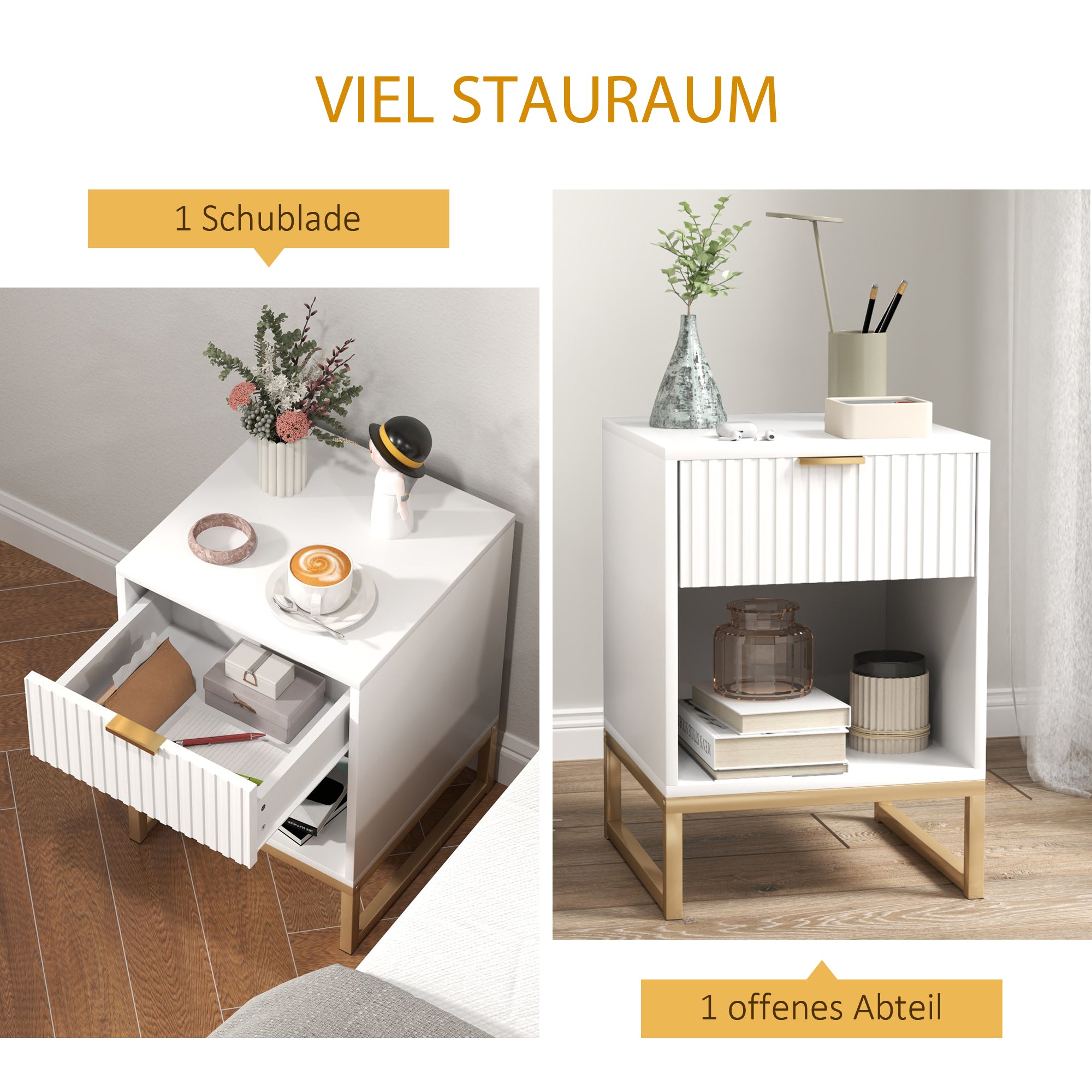 HOMCOM Nachttisch mit Schublade und Regal, Stauraum und Metallbeinen, für Schlafzimmer, Wohnzimmer, Weiß
