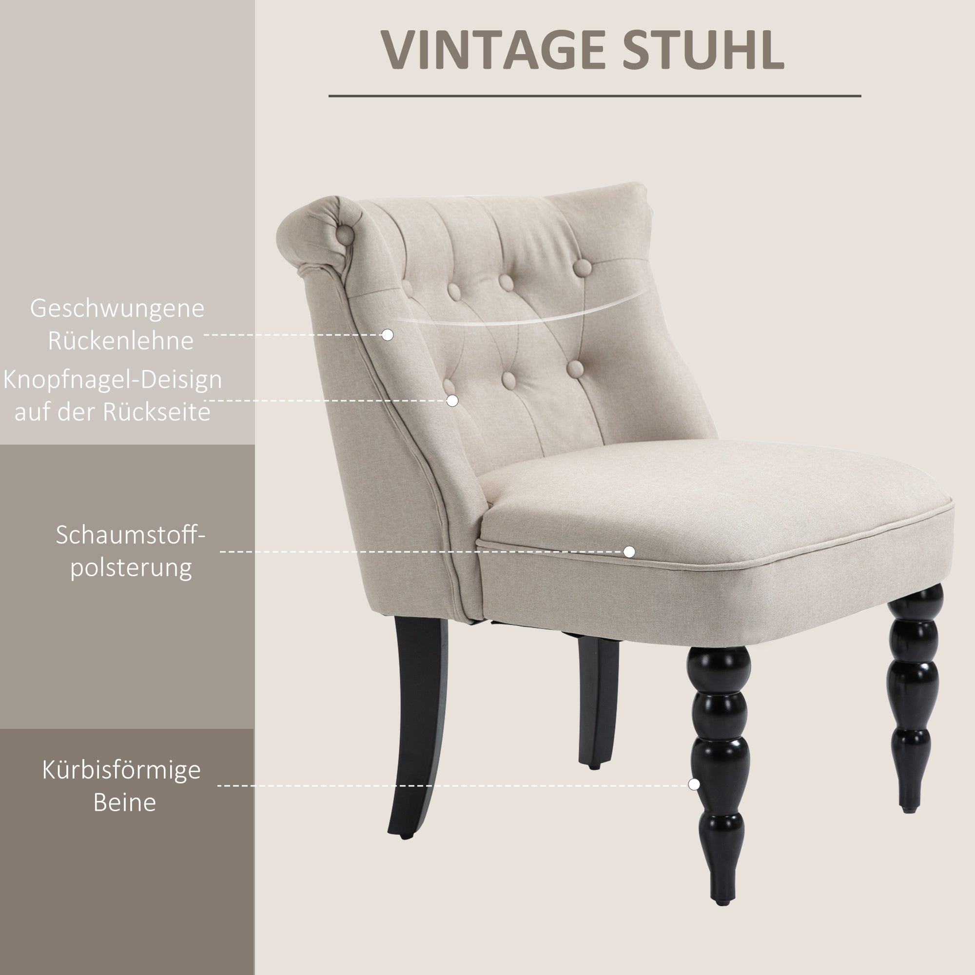 HOMCOM Relaxsessel Vintage Ruhesessel Relaxstuhl Polstersessel Esszimmerstuhl Leinenbezug Holzgestell Beige+Schwarz 67 x 67 x 78 cm