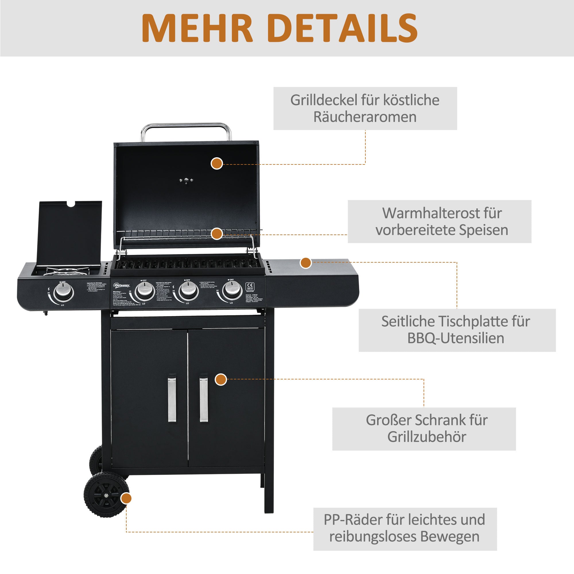 Outsunny Gasgrill mit 3 Hauptbrennern + 1 Seitenbrenner, Ablage, rostfreier Stahl, schwarz, 110 x 50 x 100 cm