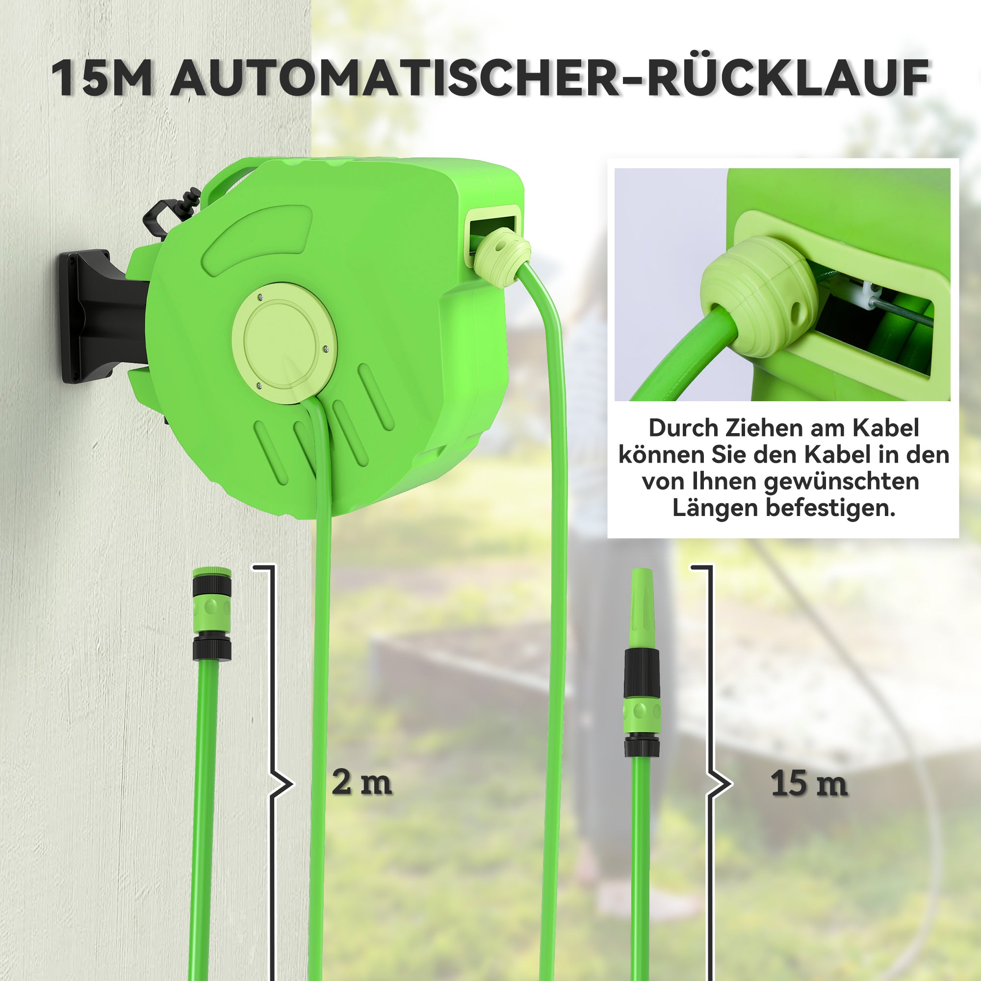 Outsunny Schlauchtrommel 15+1,5m Schlauchaufroller Automatik schwenkbar Druckluft Garten 180° schenkbar Druckluftschlauch Grün