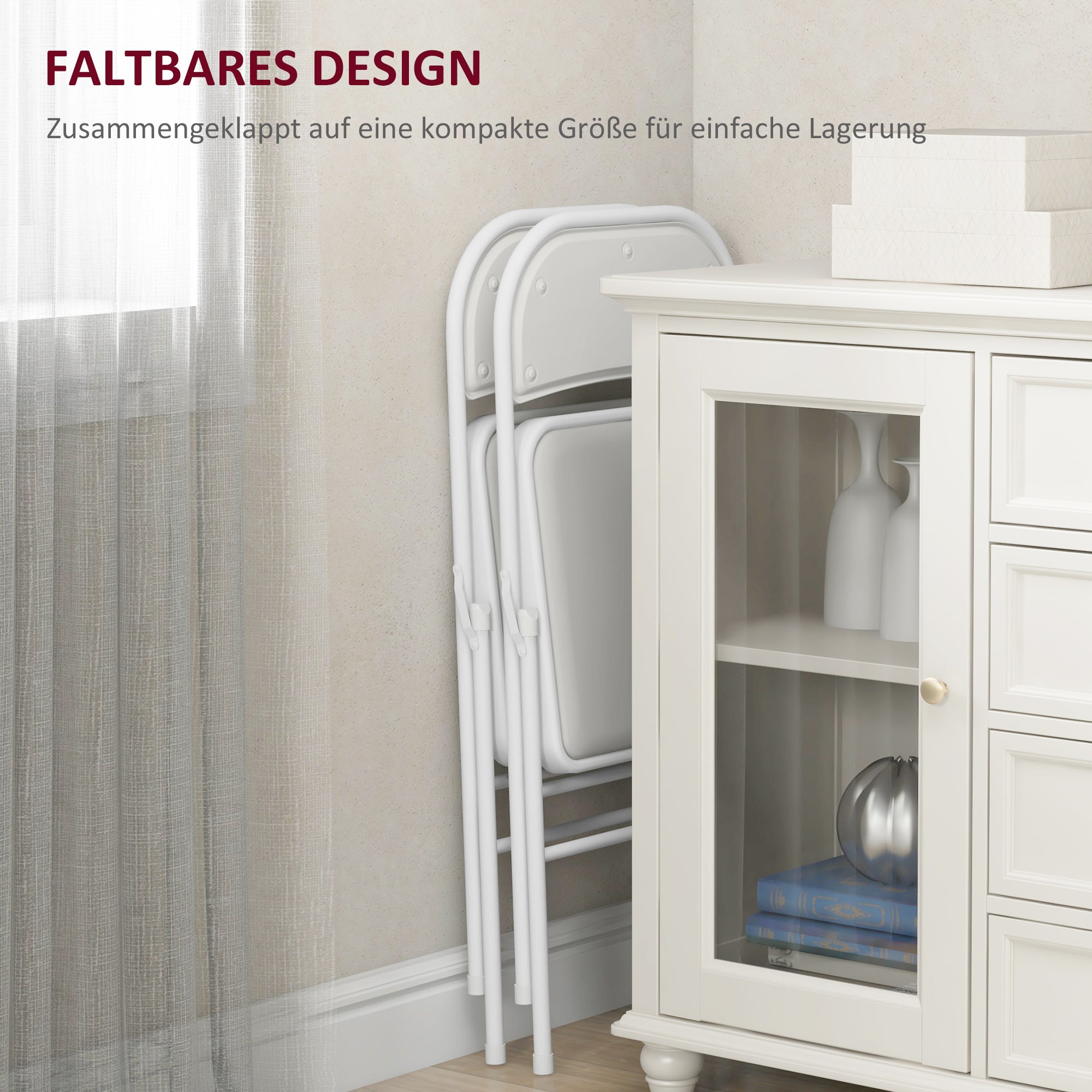 HOMCOM 4er-Set Klappstühle, Tragbare Bürostühle, Metallbeine, Faltstuhl für Büro, Empfang, Wartezimmer, Kunstleder, Weiß