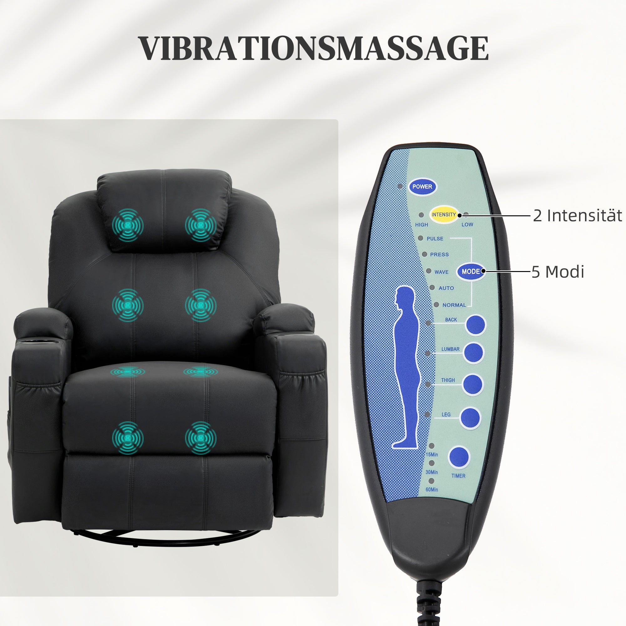 HOMCOM Relaxsessel mit Massagefunktion, neigbare Lehne, drehbar, bis 150 kg, Kunstleder, Schwarz