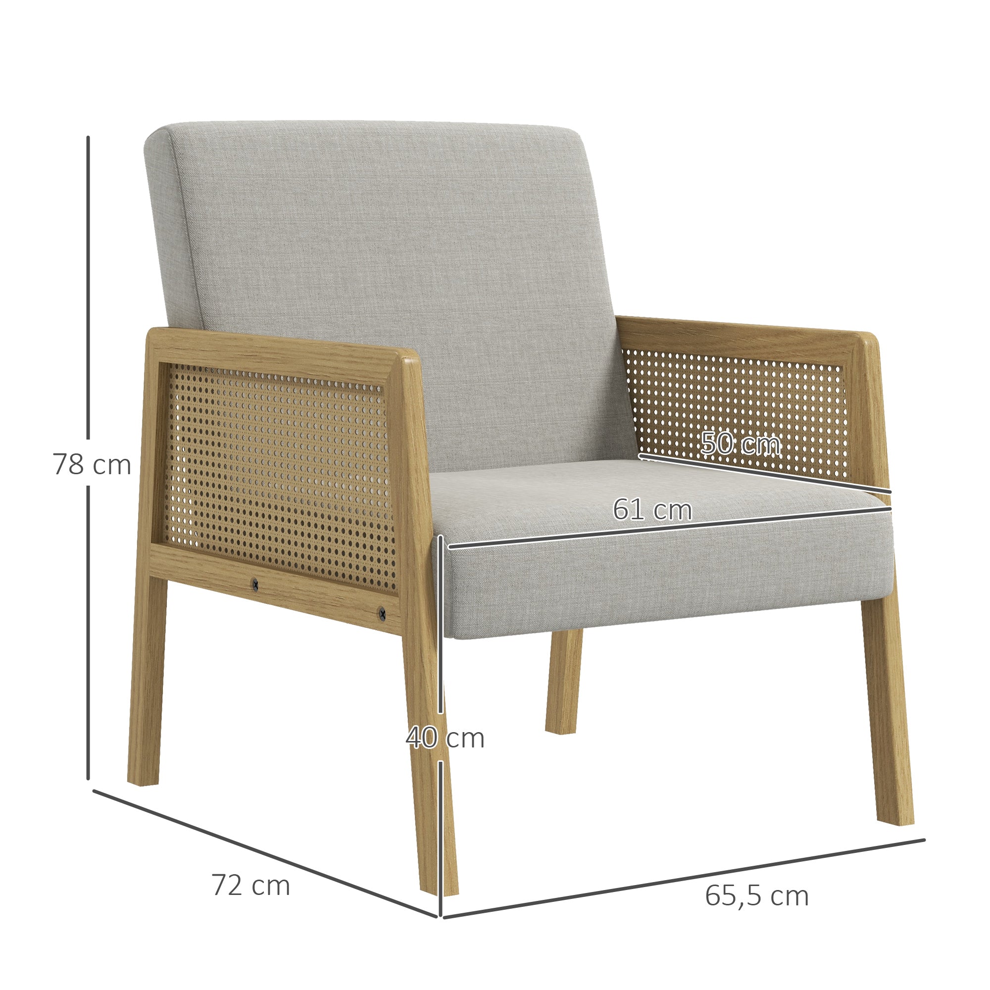 HOMCOM Akzentsessel, Armlehnen in Rattanoptik, bis 120 kg, breiter Sitz, Naturholzrahmen, Boho-Design, grau, 65,5 x 72 x 78cm
