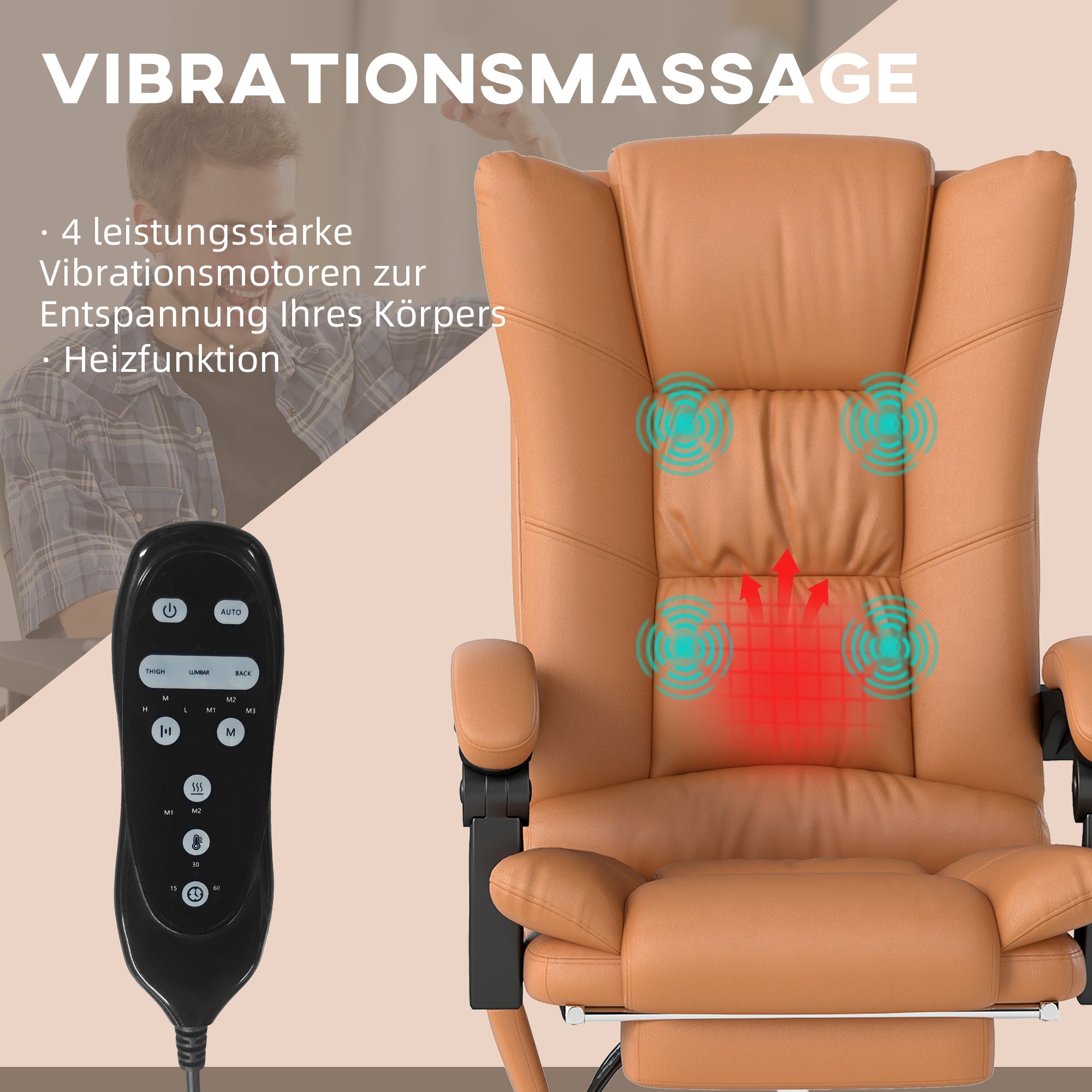 Vinsetto Massage-Bürostuhl, Schreibtischstuhl mit Heizfunktion, Drehstuhl, Liegefunktion, höhenverstellbarer PC-Stuhl, Hellbraun