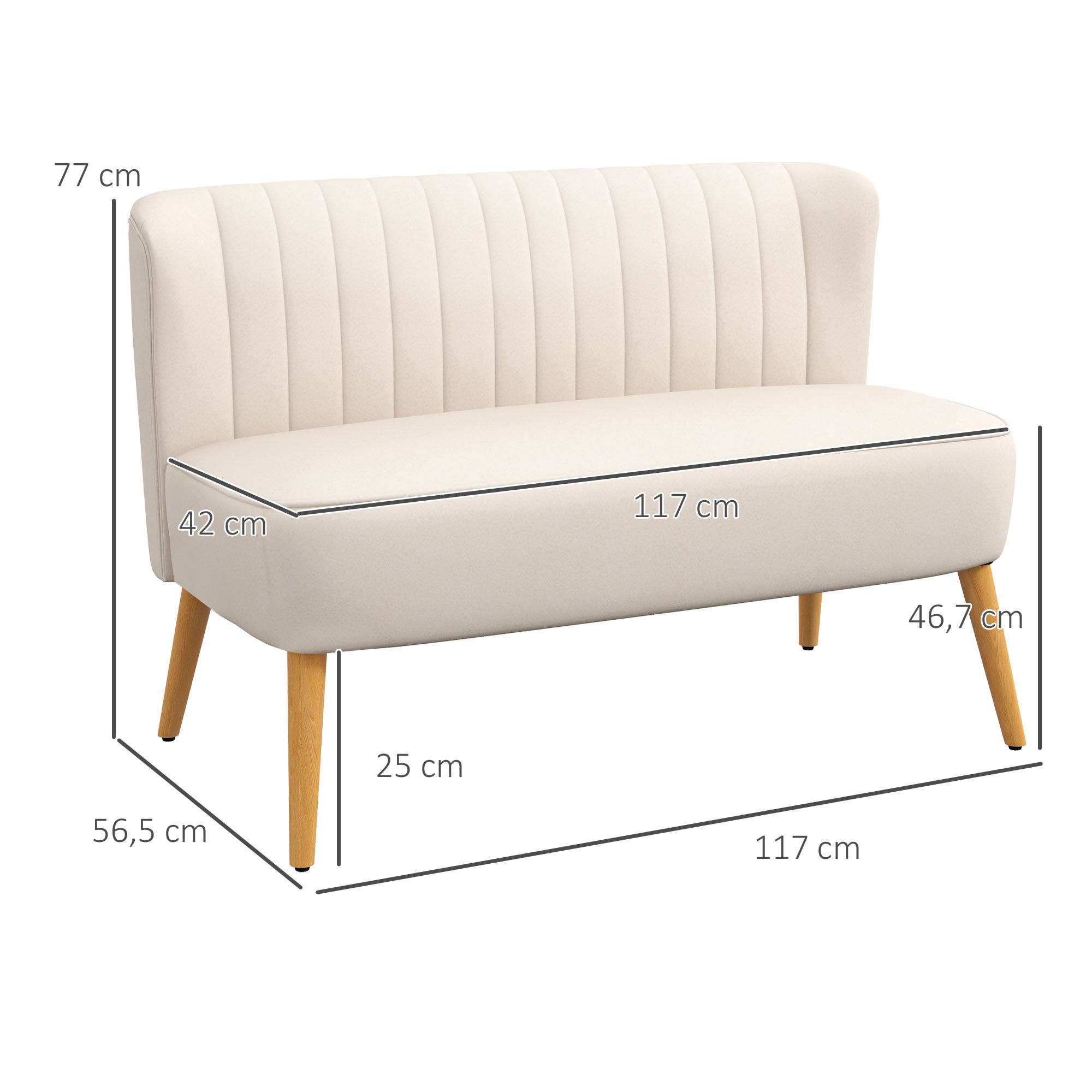 HOMCOM Sofa Retrodesign 2-Sitzer-Sofa, Holzbeine, 117 cm x 56,5 cm x 77 cm, Cremeweiß