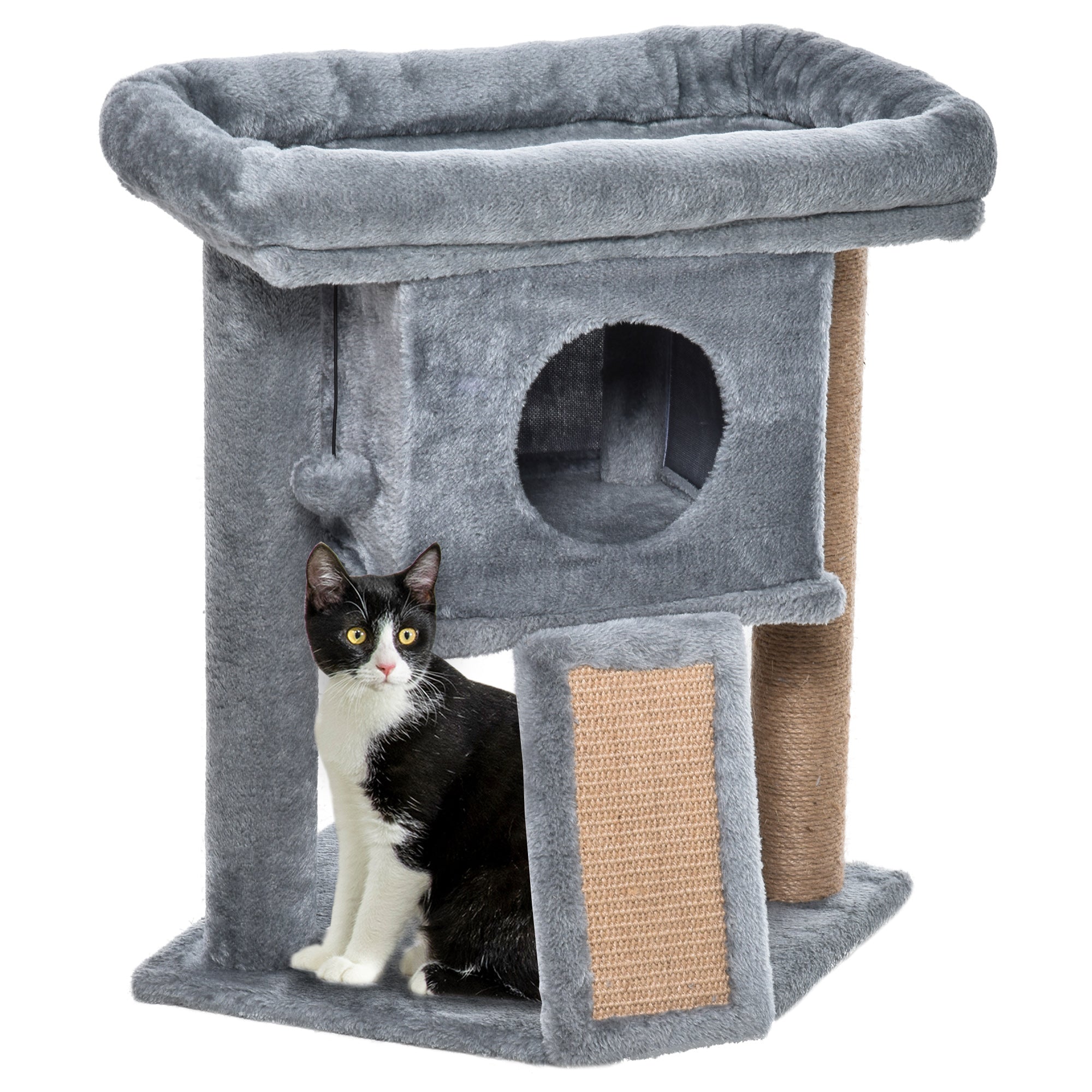 PawHut Kratzbaum 57 cm Kleiner Katzenbaum mit Katzenhöhle, Liegeplattform, Katzenkratzbaum mit Kratzbrett, Spielball, Katzenmöbel für Katzen bis 5 kg Hellgrau