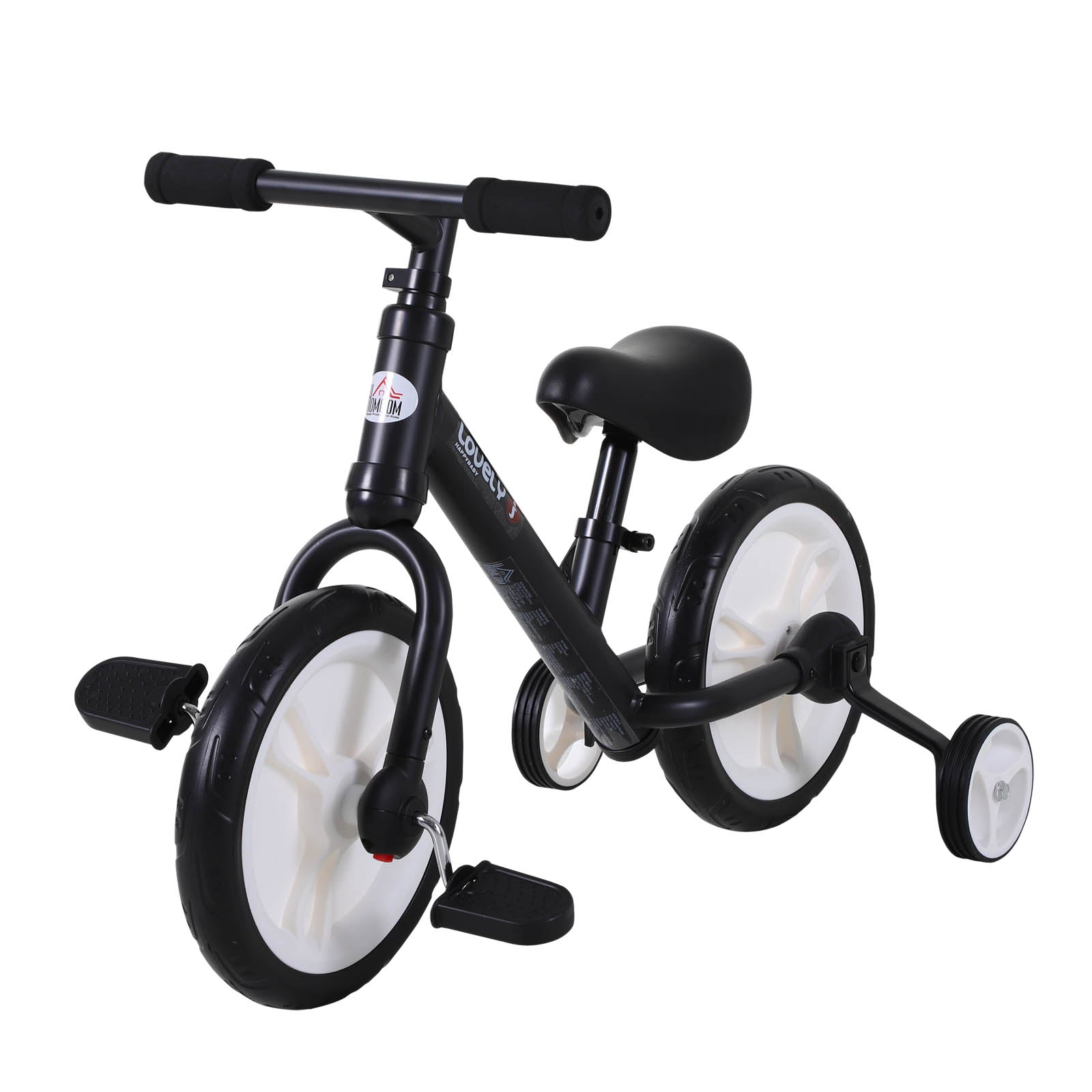 HOMCOM Kinder Laufrad, Lauflernrad, Kinderfahrrad, 2-in-1, Kinderrad mit Stützrädern und Pedalen, 2-5 Jahre, Sitzhöhenverstellbar, PP, Schwarz, 85 x B36 x H54 cm