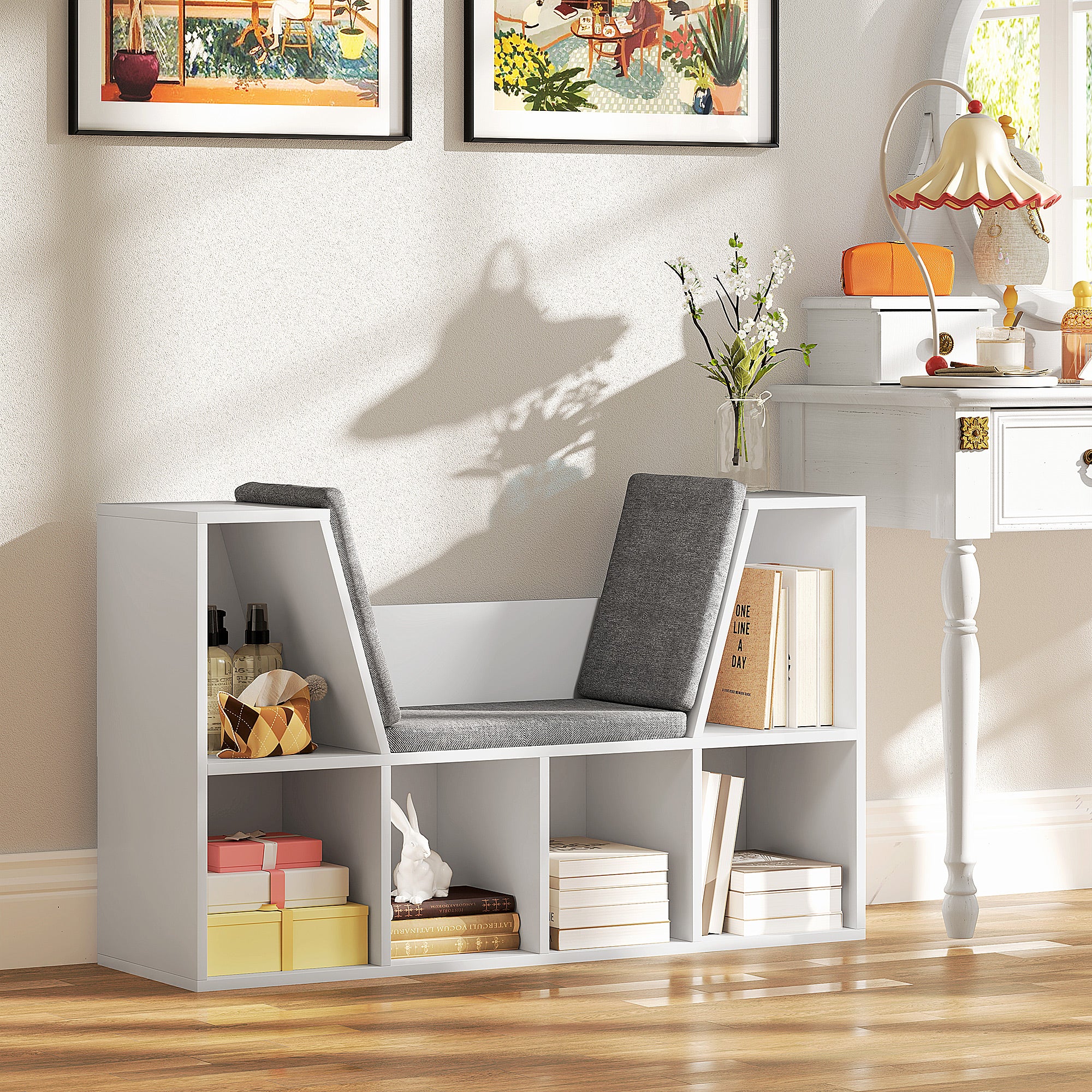 HOMCOM Bücherregal mit Sitzfläche, 6 Fächer, gepolstert, 105 x 30 x 63 cm, Weiß
