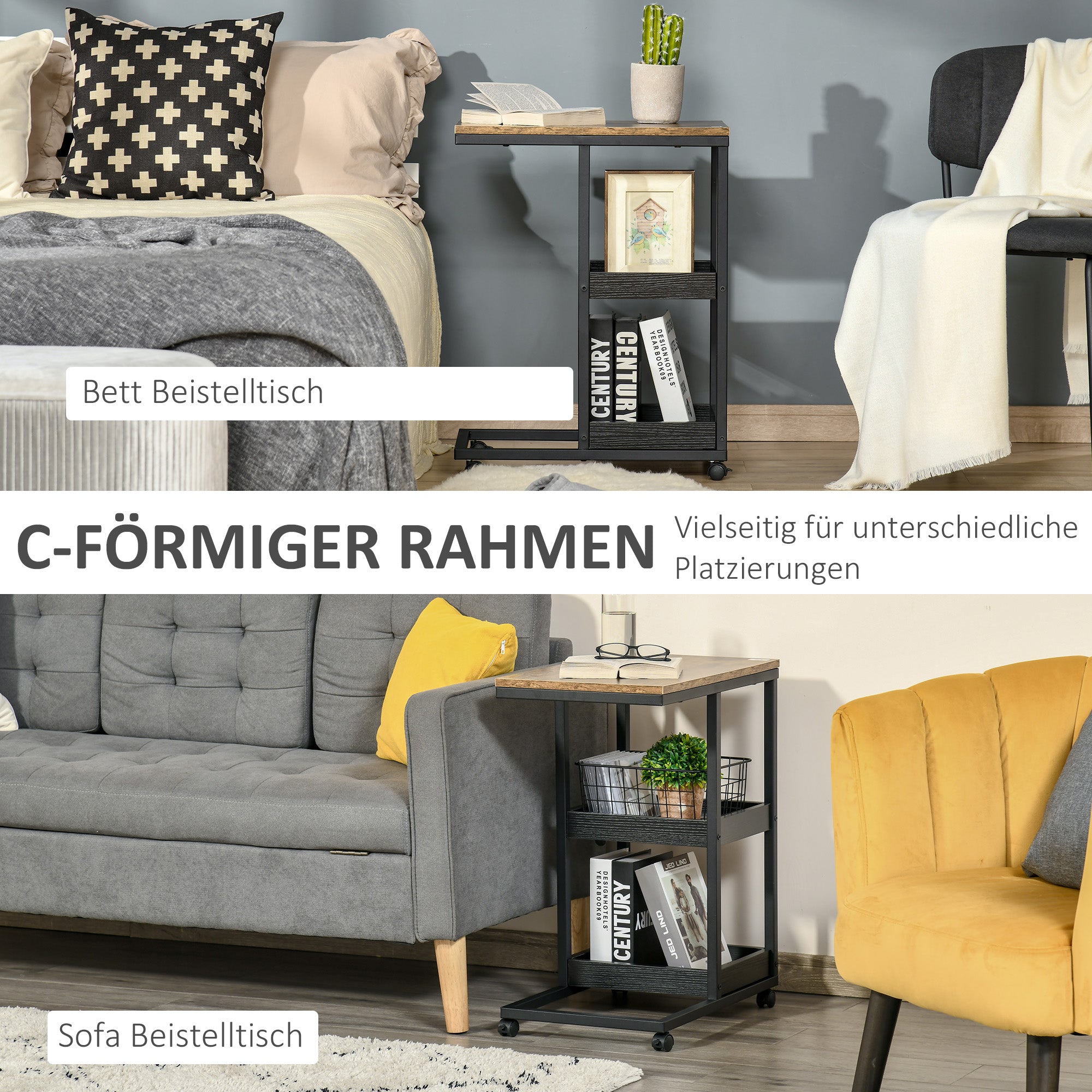 HOMCOM Beistelltisch mit Rädern für Sofa oder Bett, Industriestil, Stahl und Holz, Braun und Schwarz