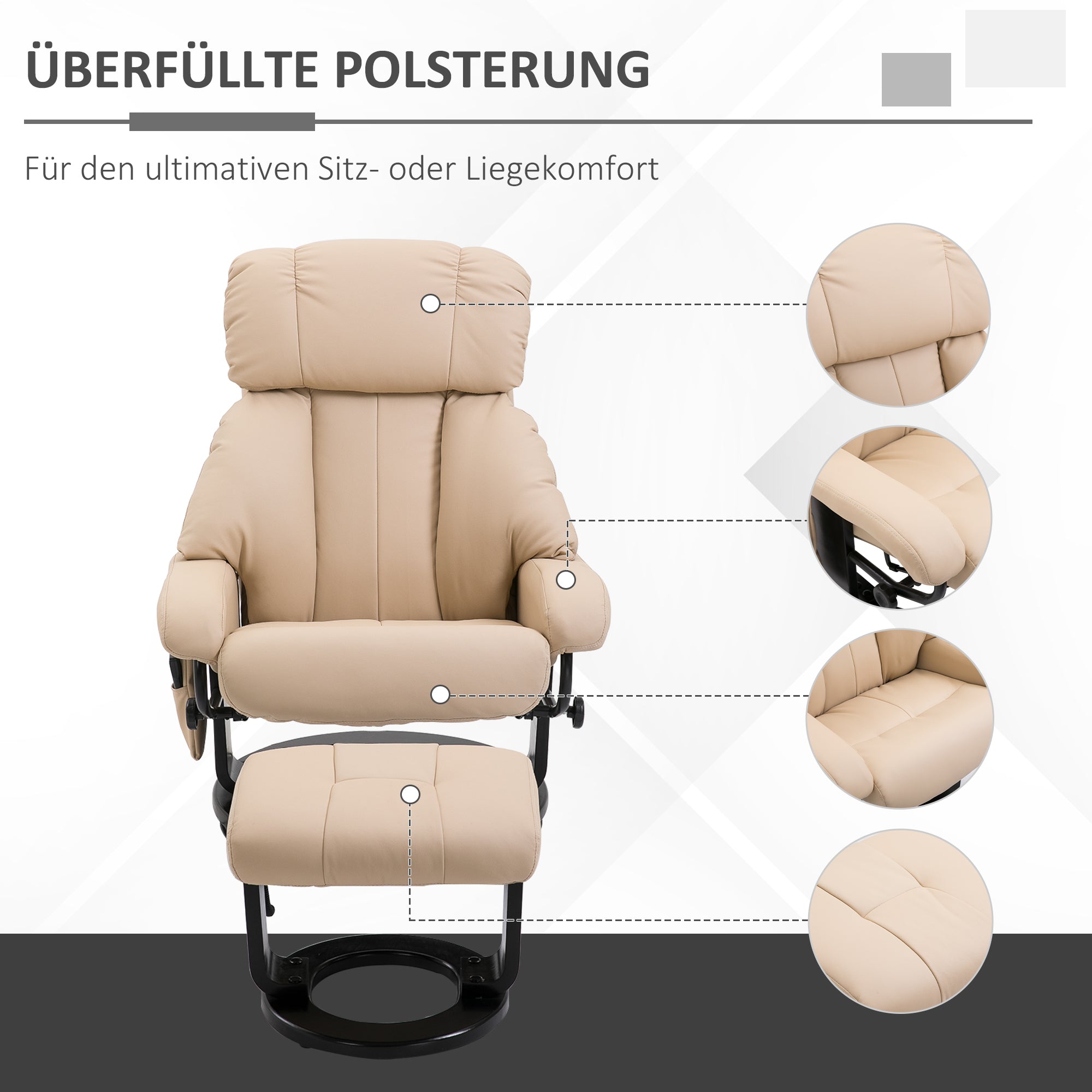 HOMCOM Relaxsessel mit Hocker, drehbarer Fernsehsessel mit Massagefunktion, Liegefunktion, Massagesessel mit Fernbedienung, Seitentasche, Ruhesessel aus Kunstleder für Wohnzimmer Cremeweiß