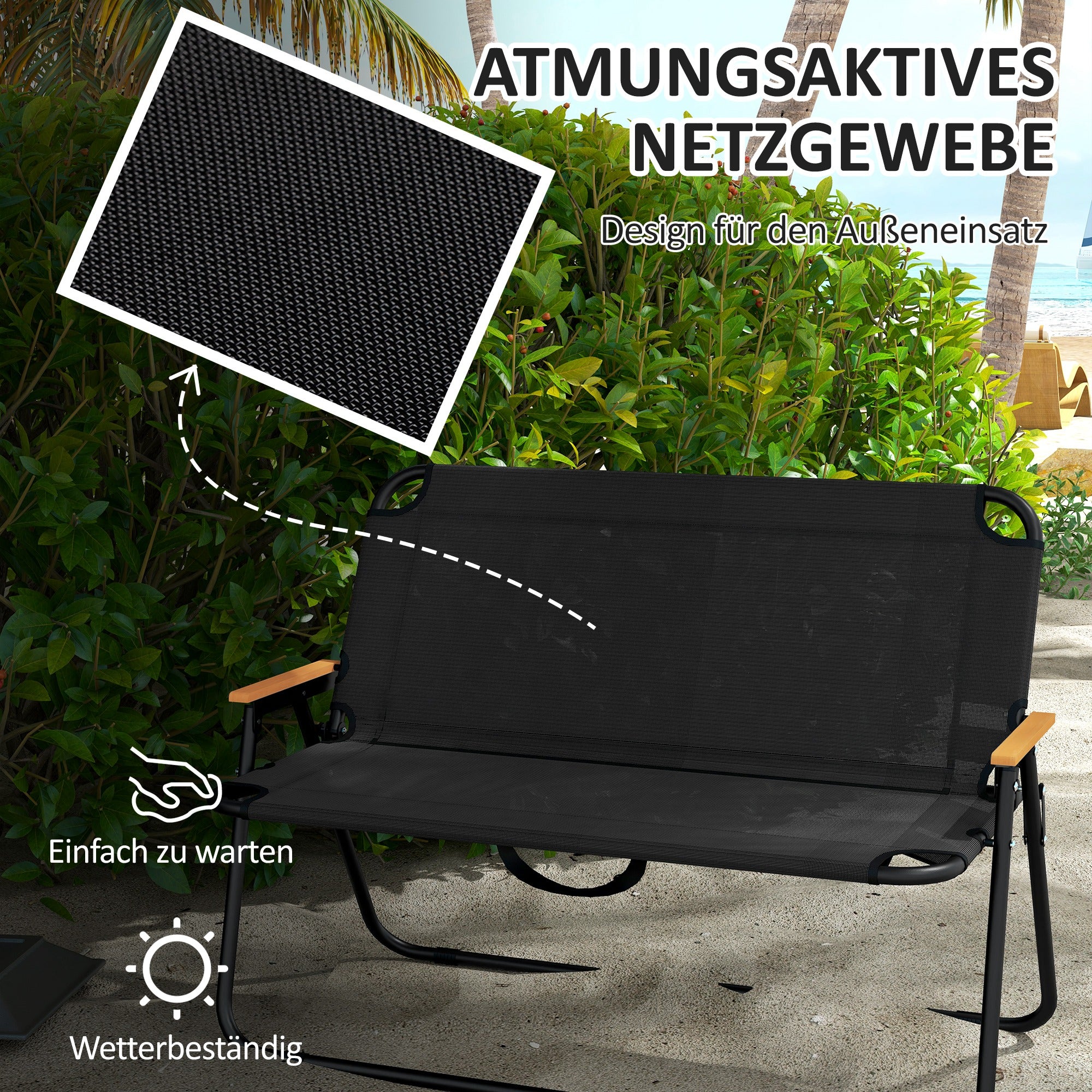 Outsunny Klappstuhl, atmungsaktiv, Holz-Kunststoff-Armlehnen, 108x65x73cm, Schwarz-Natur