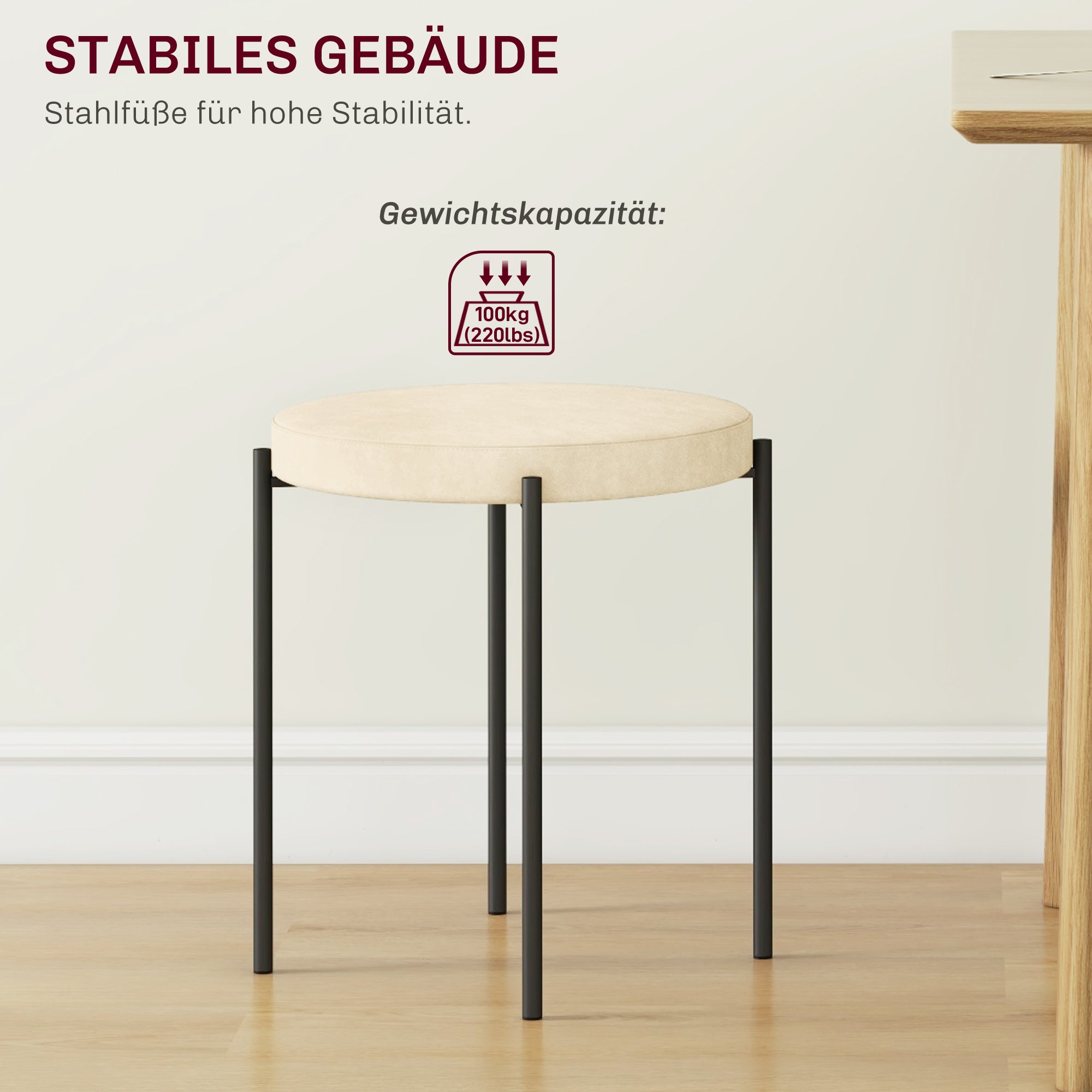 HOMCOM Küchenhocker 4-er Set, stapelbar, Samtoptik, bis 100kg, Metallrahmen, 41,5 x 41,5 x 46 cm, Cremeweiß