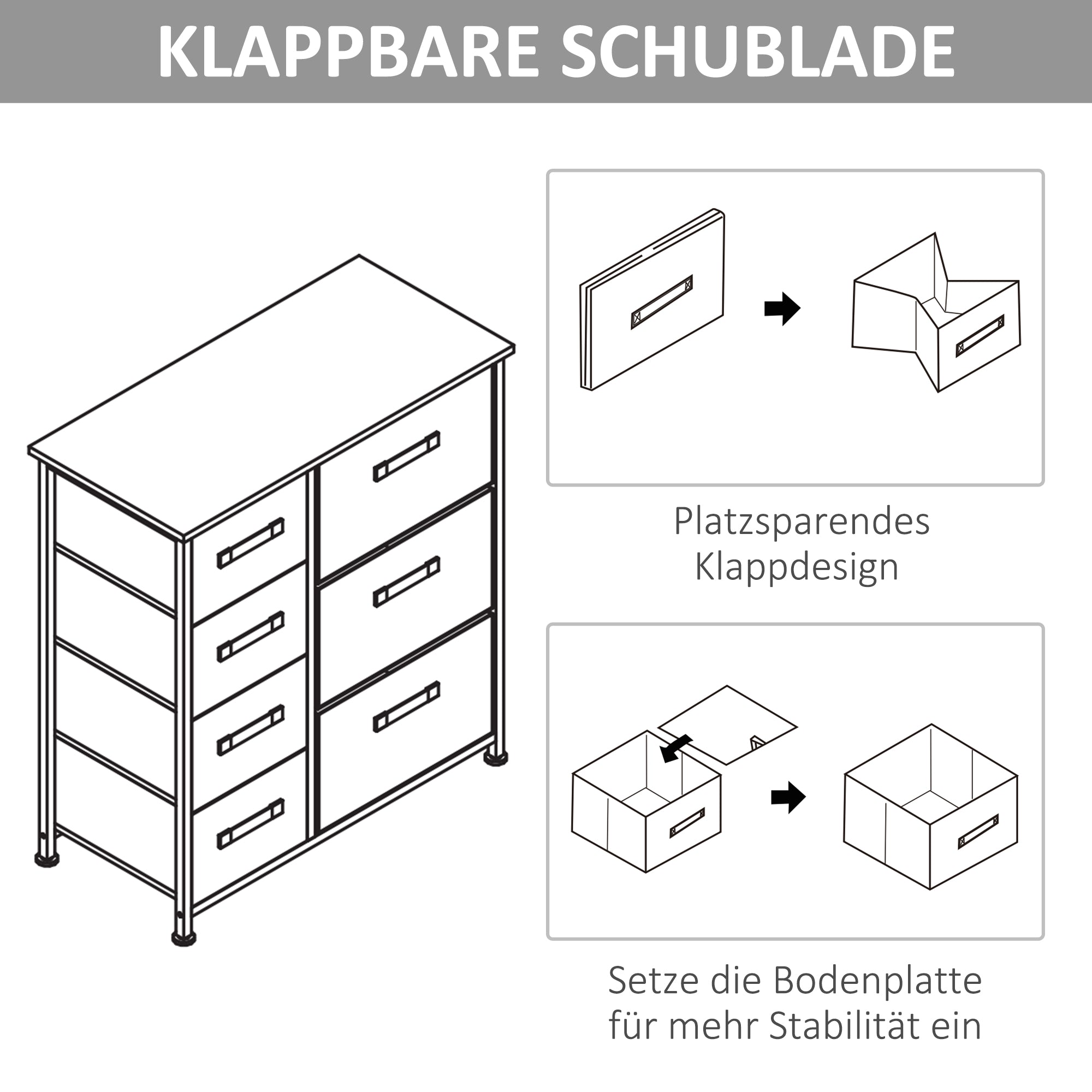 HOMCOM Kommode, Sideboard, 7 faltbare Stoffschubladen, Metallgestell, 63,5 x 30 x 71 cm, Hellgrau