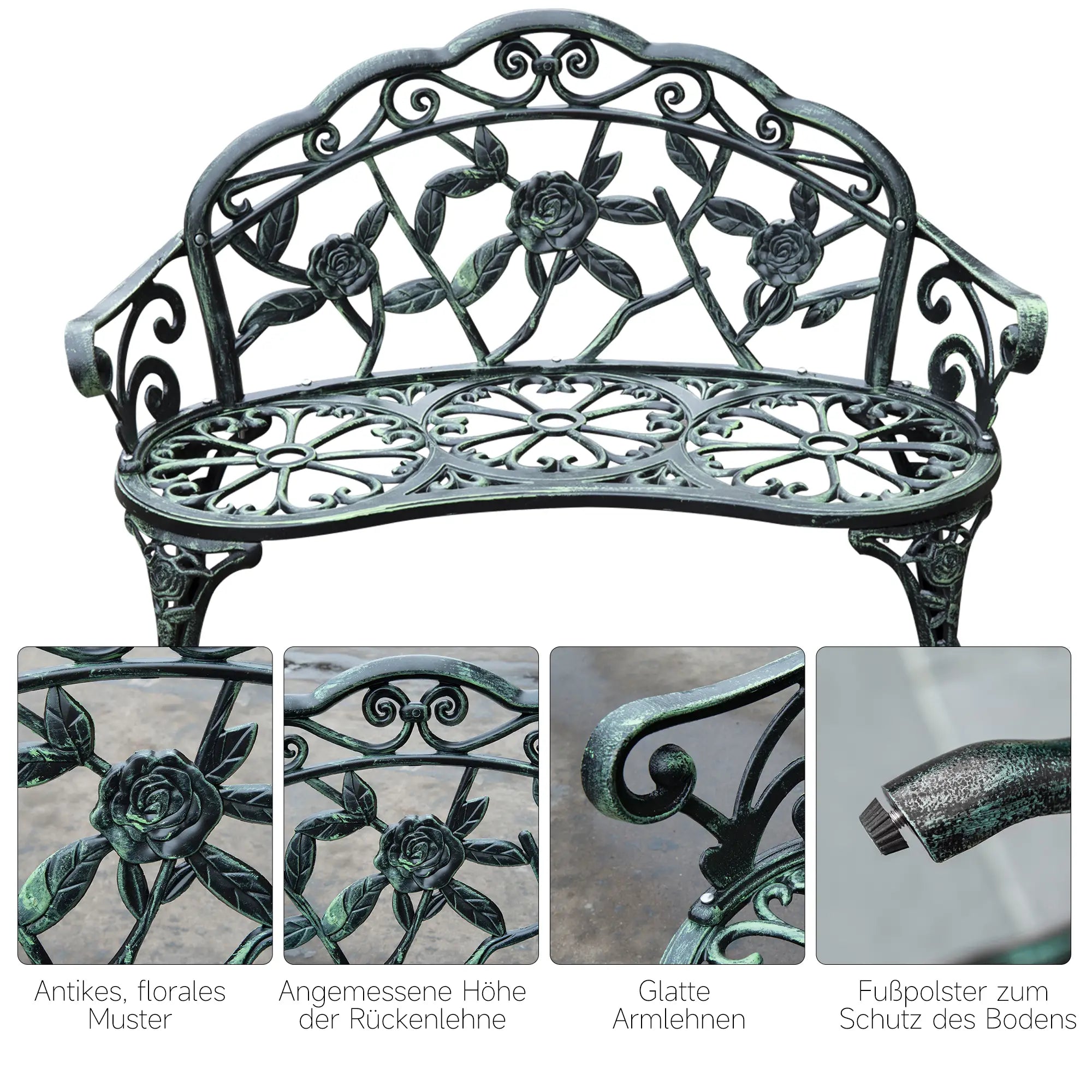 Outsunny Gartenbank 2-Sitzer Blumenmuster Gussaluminium Antik Grün