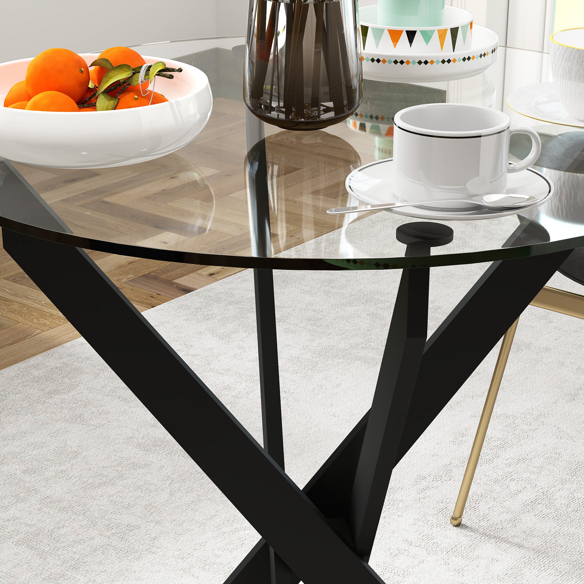 HOMCOM Moderner Glas-Esstisch, 70 cm Durchmesser, Küchentisch mit gehärteter Glasplatte und Metallbeinen, für 4 Personen