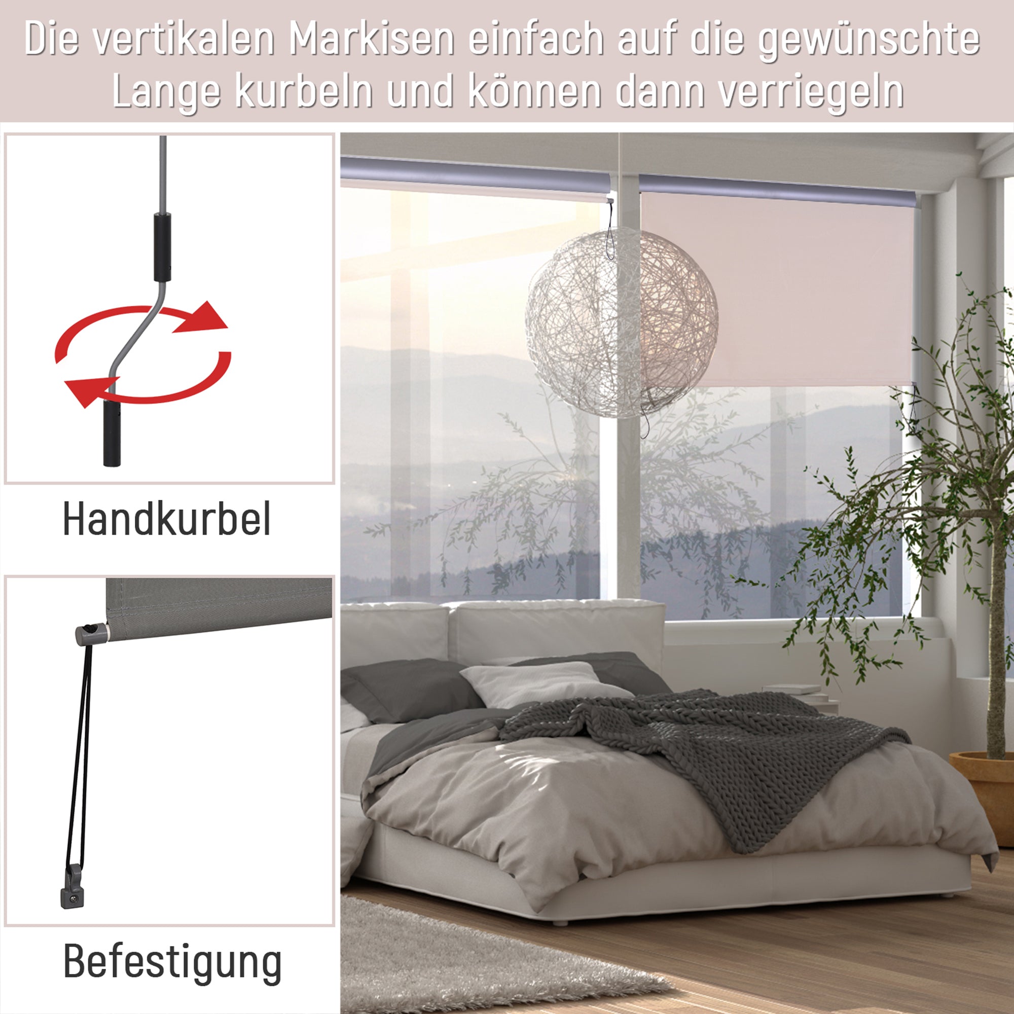 Outsunny Senkrechtmarkise Balkonmarkise Vertikalmarkise Windschutz Seitenrollo Sichtschutz mit Handkurbel Polyesterstoff+Aluminium Grau 250 x 140 cm