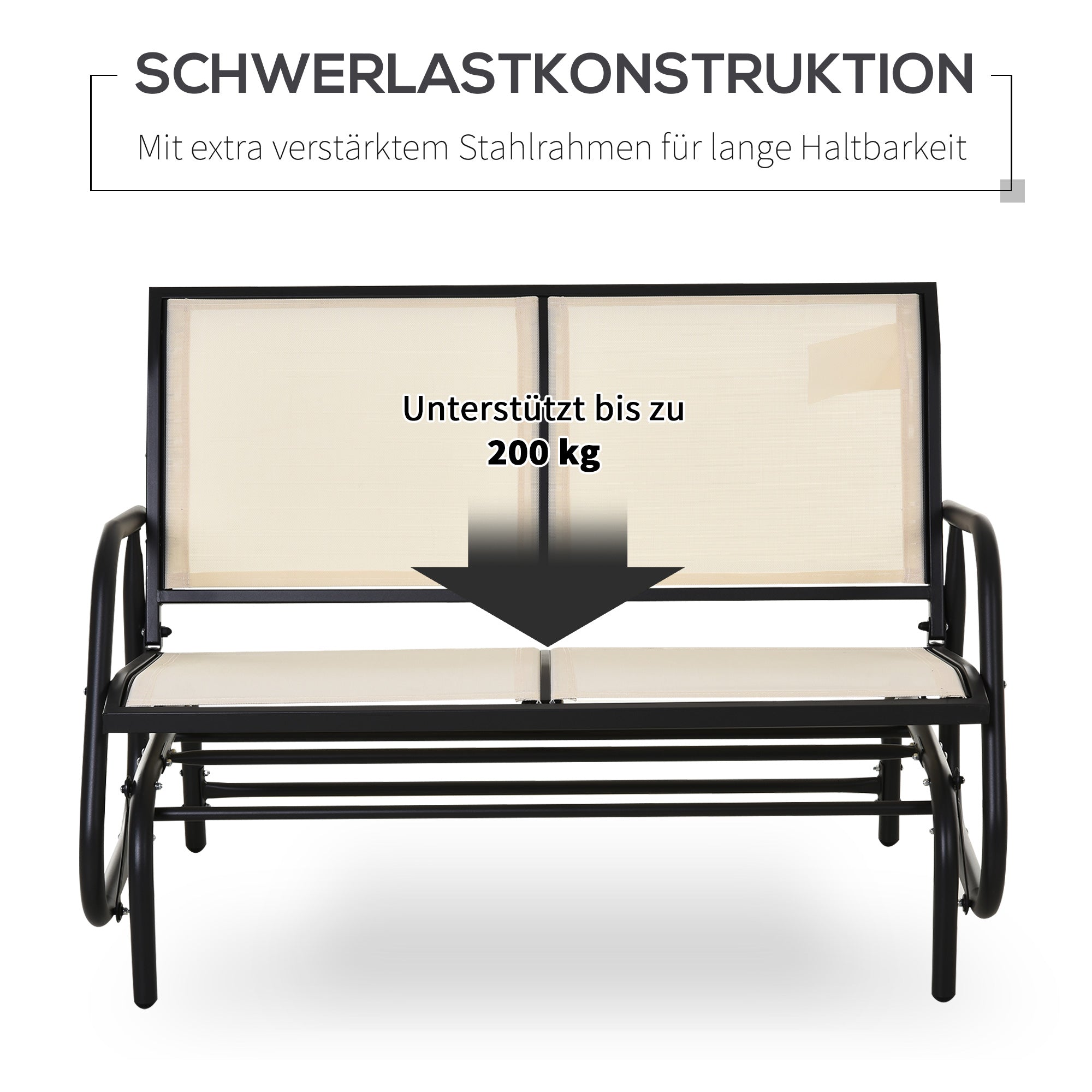 Outsunny 2-Sitzer Schaukelstuhl Gartenbank mit Schaukelmechanismus Gartenschaukel Sitzbank aus Metall Parkbank bis 200 kg belastbar Gartenmöbel für Garten, Terrasse, 120 x 70 x 85 cm Schwarz+Beige