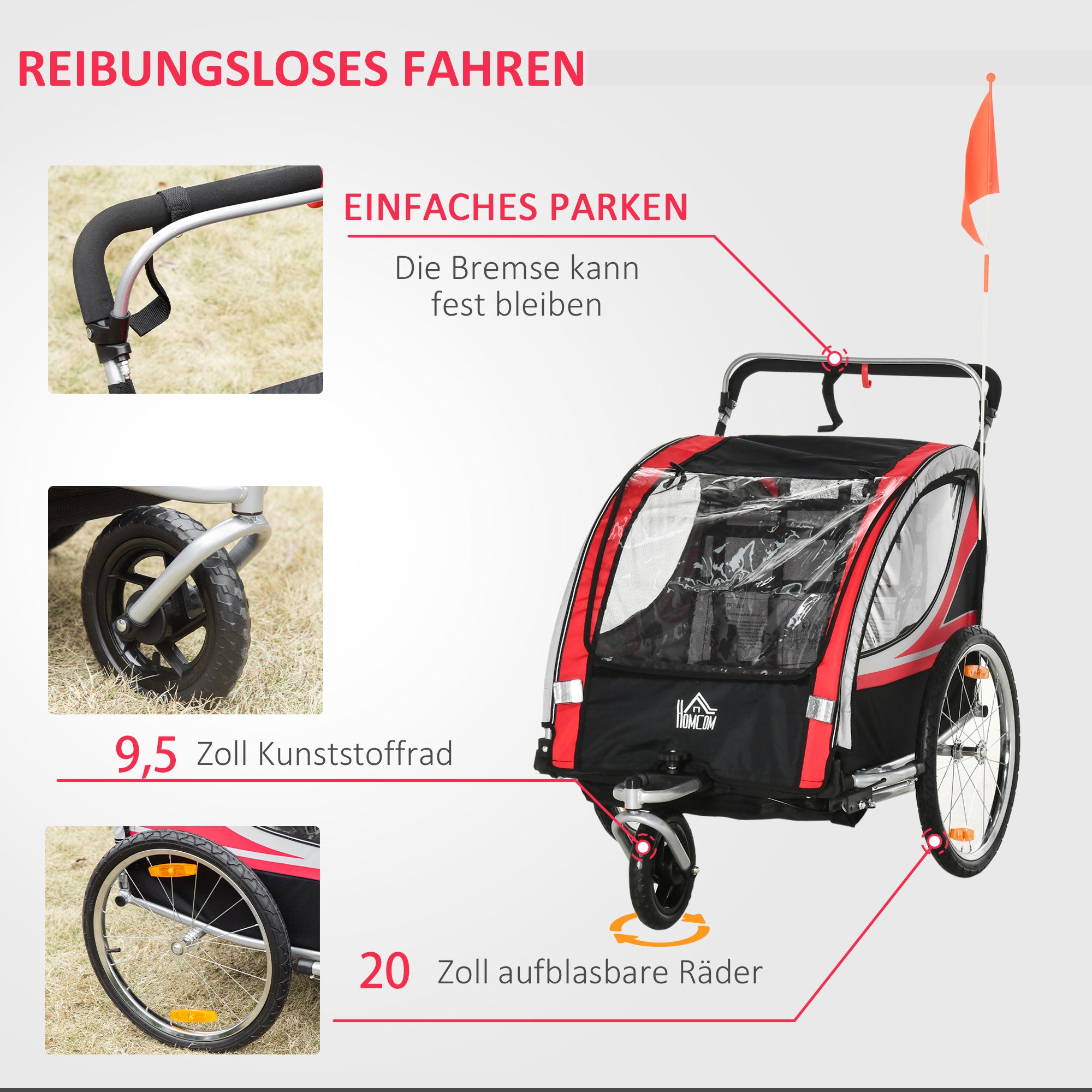 HOMCOM Kinderfahrradanhänger, 2-in-1, Joggerfunktion, wetterfeste Plane, Stahlrahmen, rot+schwarz, 142 x 75 x 101cm