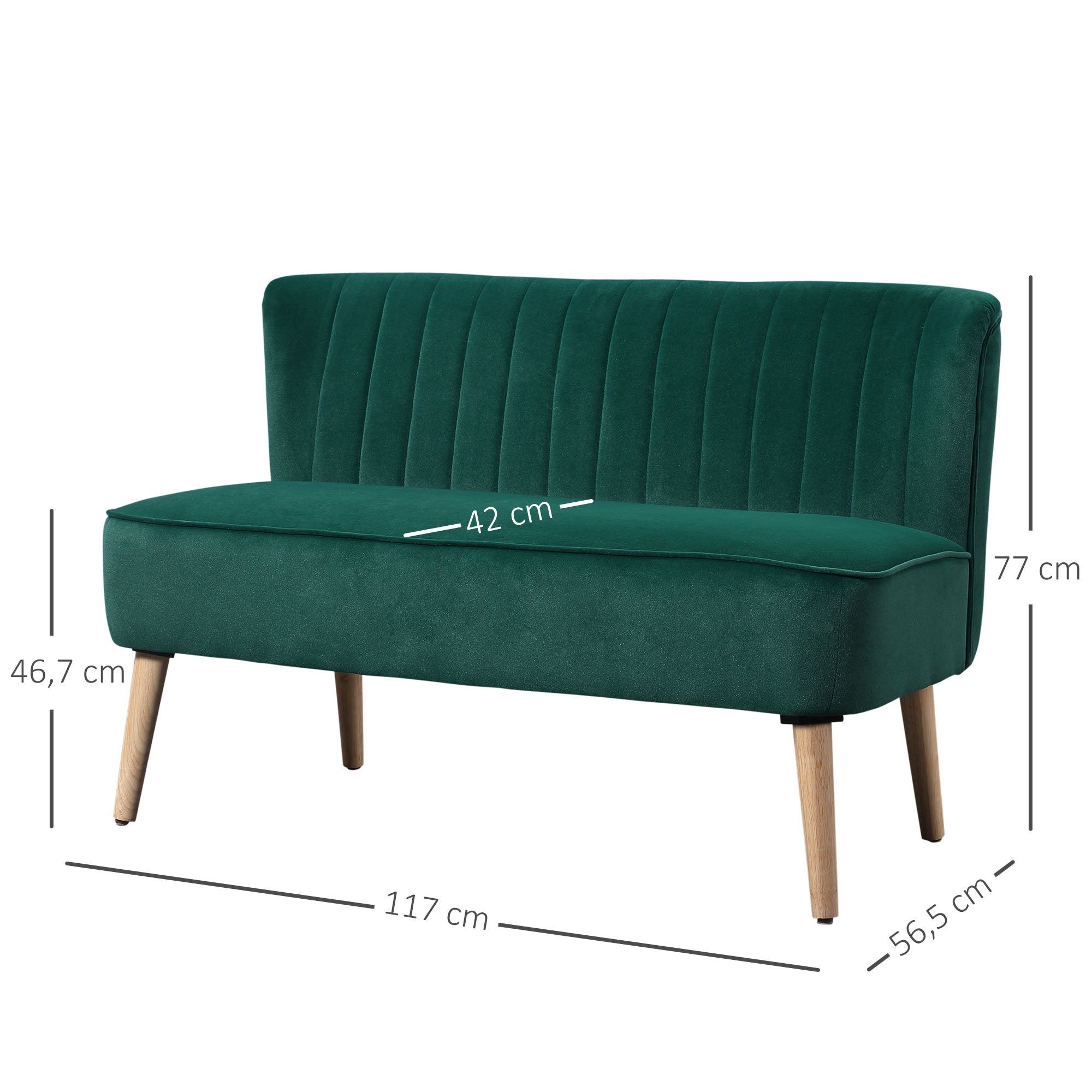 HOMCOM 2-Sitzer Stoffsofa Polstersofa Doppelsofa Sitzmöbel Loungesofa Holz Samtartiges Polyster Schaumstoff Dunkelgrün 117 x 56,5 x 77 cm