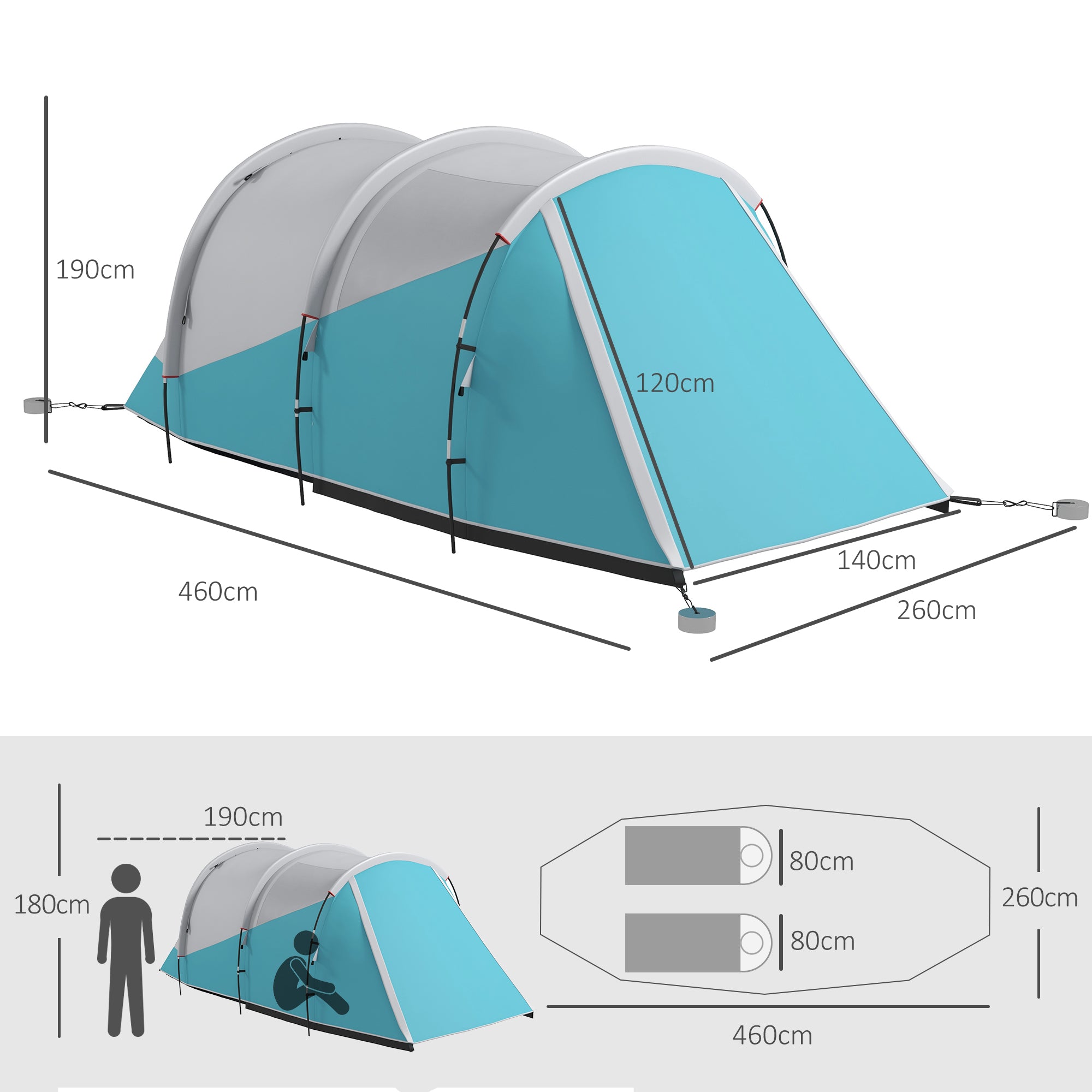 Outsunny Campingzelt für 4-5 Personen, separate Wohn- & Schlafräume, 460L x 260B x 190H cm, Blau