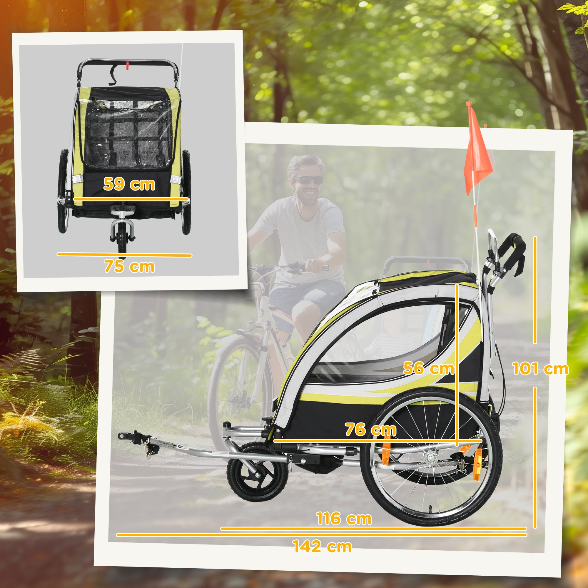 HOMCOM 2-in-1 Fahrradanhänger für 2 Kinder, Schiebefunktion, Regenschutz, Bremse, Gelb