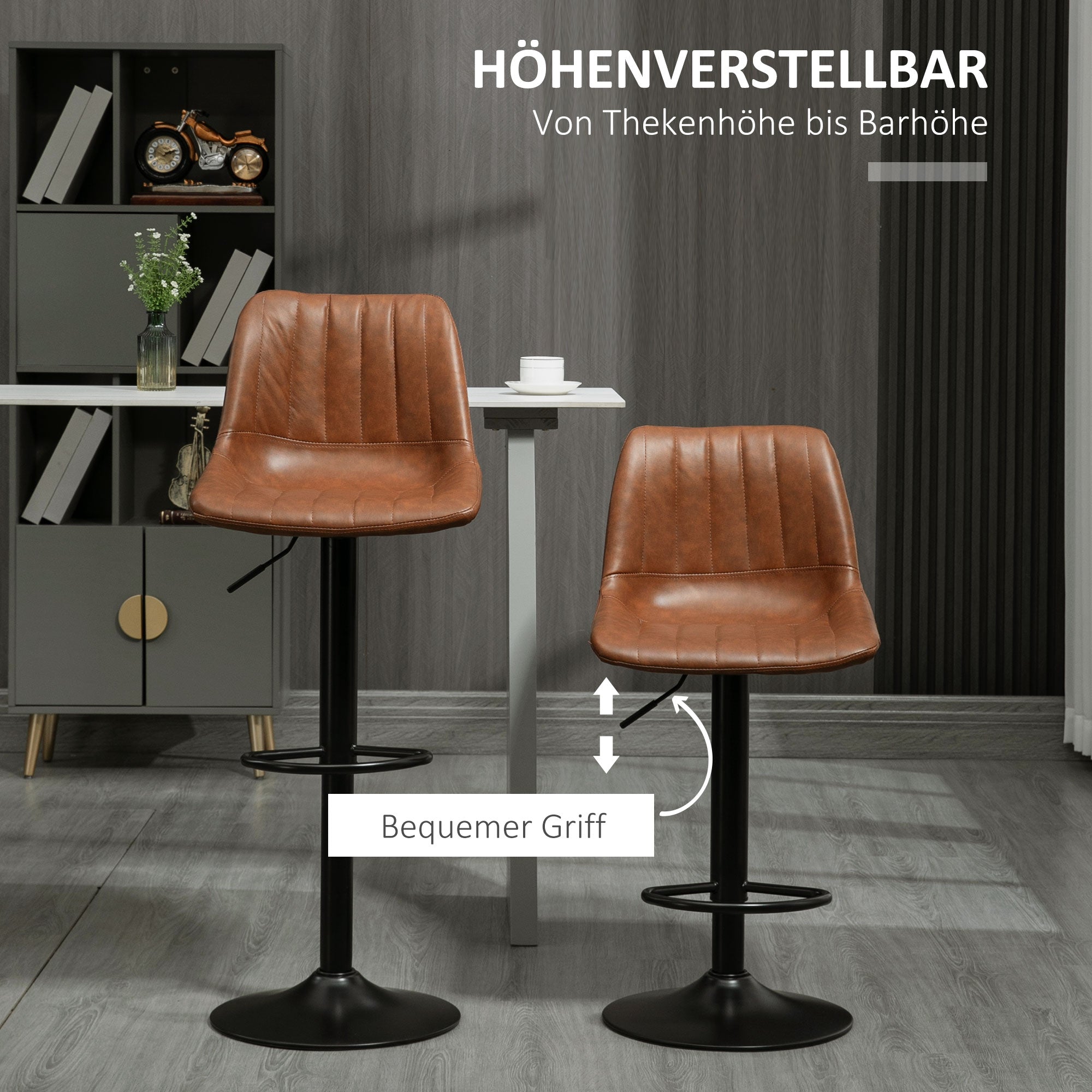 HOMCOM Barhocker 2er-Set im Retrodesign, mit Fußstütze, höhenverstellbar, 43 cm x49,5 cm x 111 cm
