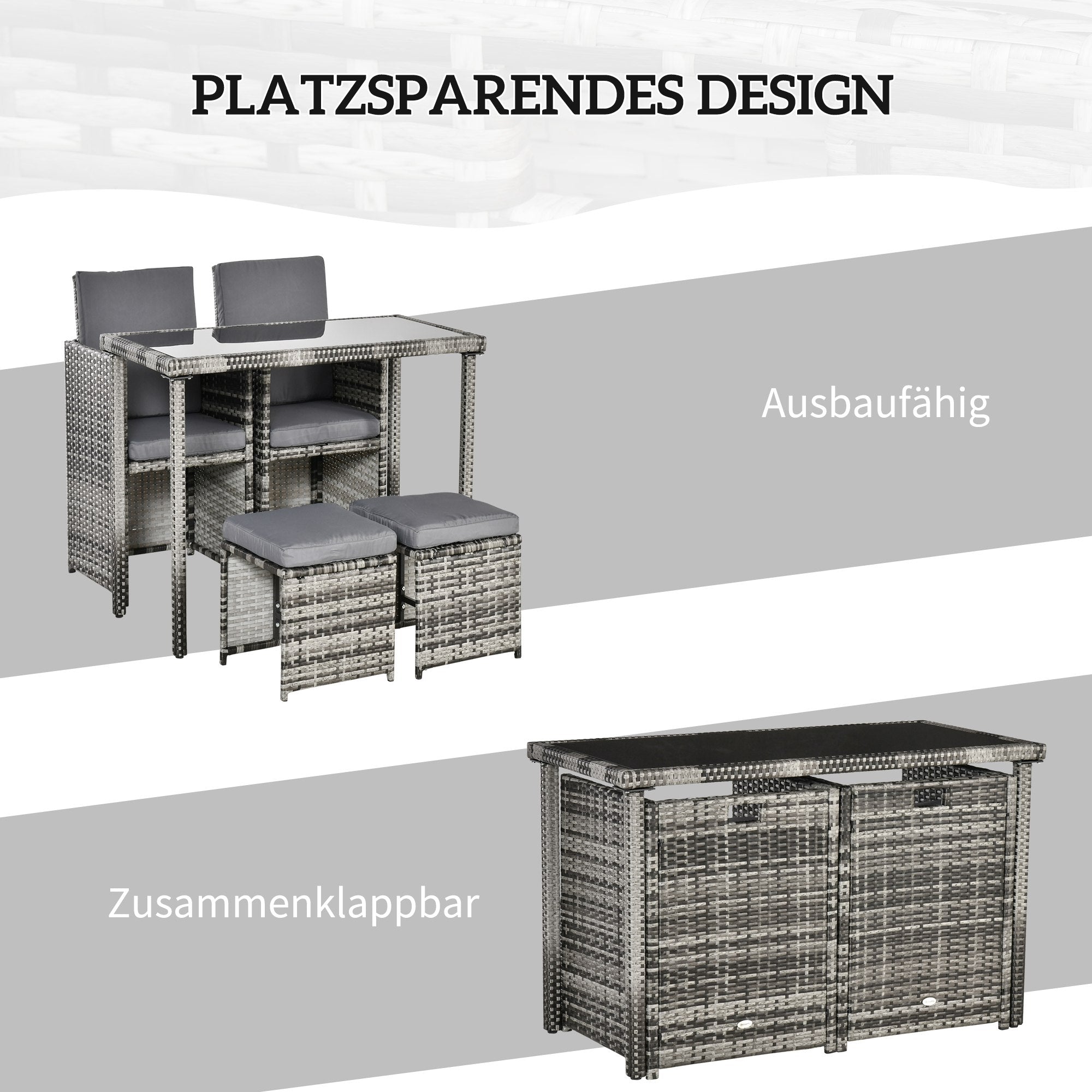 Outsunny Polyrattan Sitzgruppe für 4 Personen Essgruppe Gartenset Garnitur mit Kissen, Grau