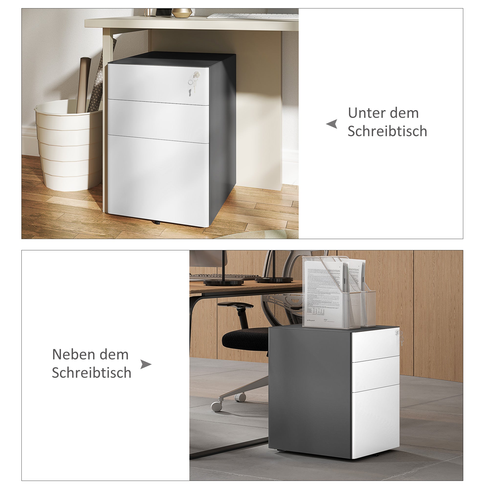 Vinsetto Aktenschrank, Rollcontainer, 3 Schubladen & Hängeregister, Schloss, Stahlgehäuse, 39x48x59 cm, Weiß+Grau