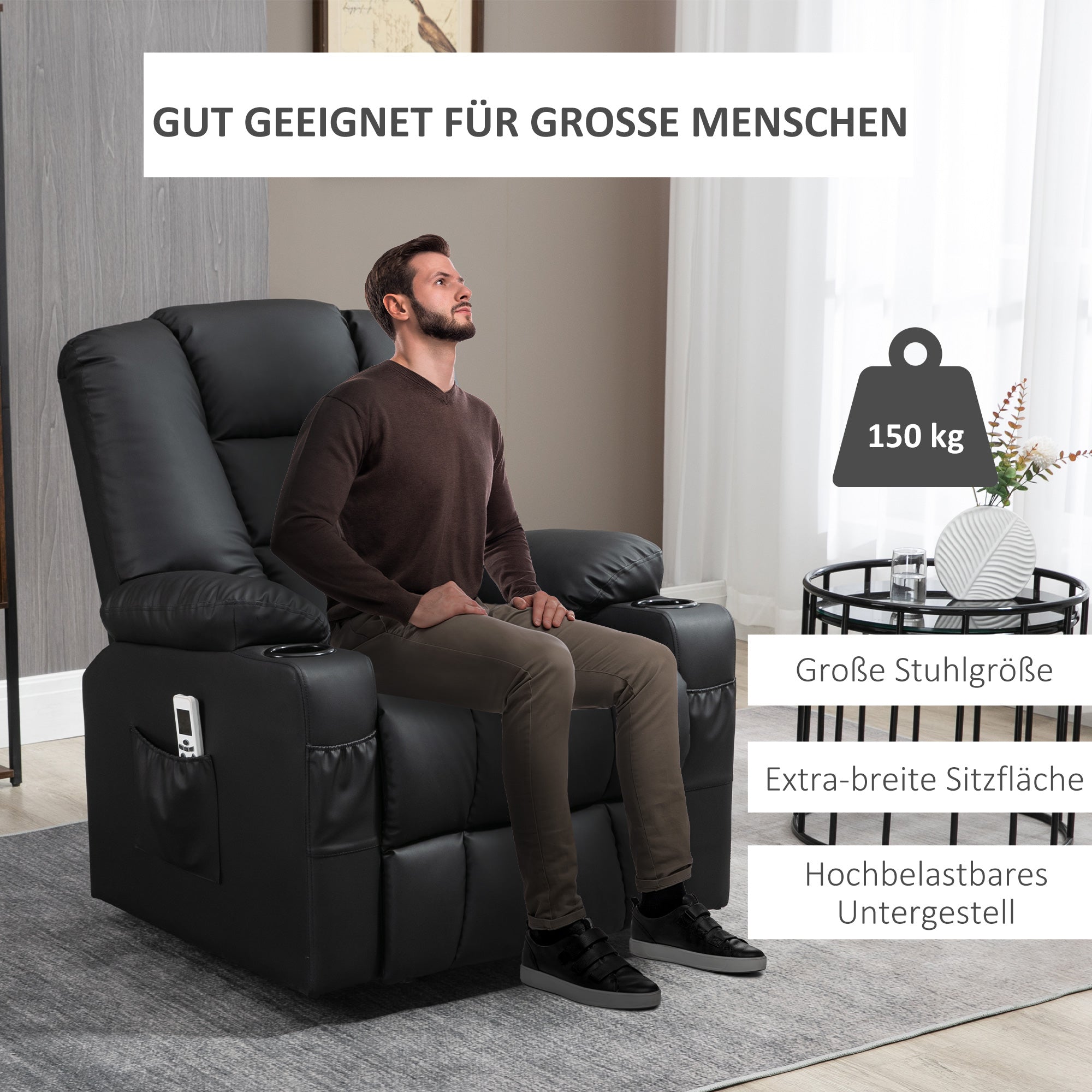 HOMCOM Relaxsessel mit Aufstehhilfe, USB, Massagefunktion, Kunstleder, bis 150 kg, 90x98x102 cm, Schwarz