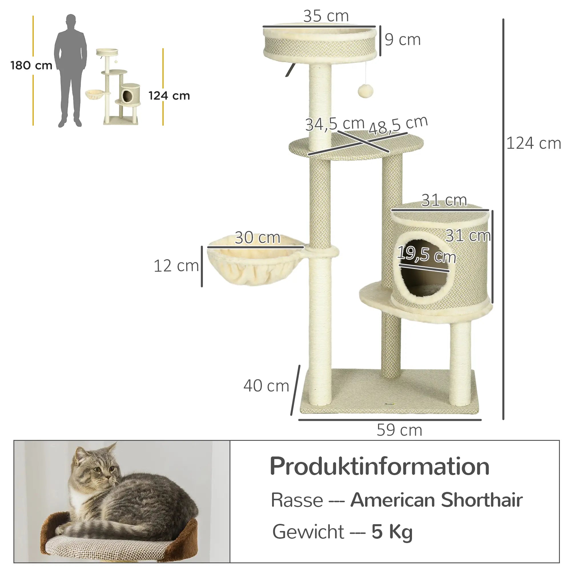 PawHut Kratzbaum 124?cm mit Höhle & Korb Beige