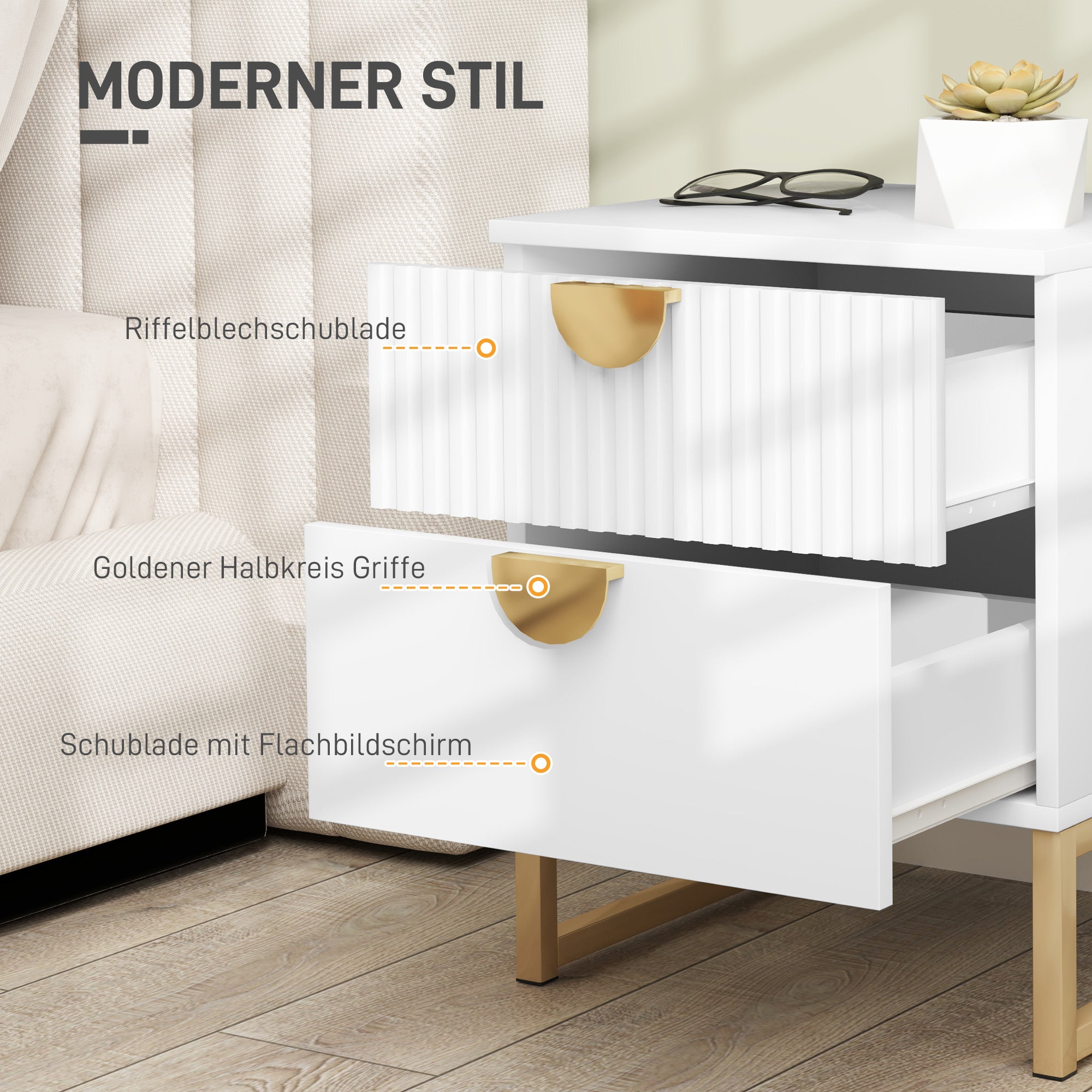 HOMCOM Nachttisch mit 2 Schubladen, elegante Metallgriffe in Gold, 40 x 40 x 50 cm, Weiß