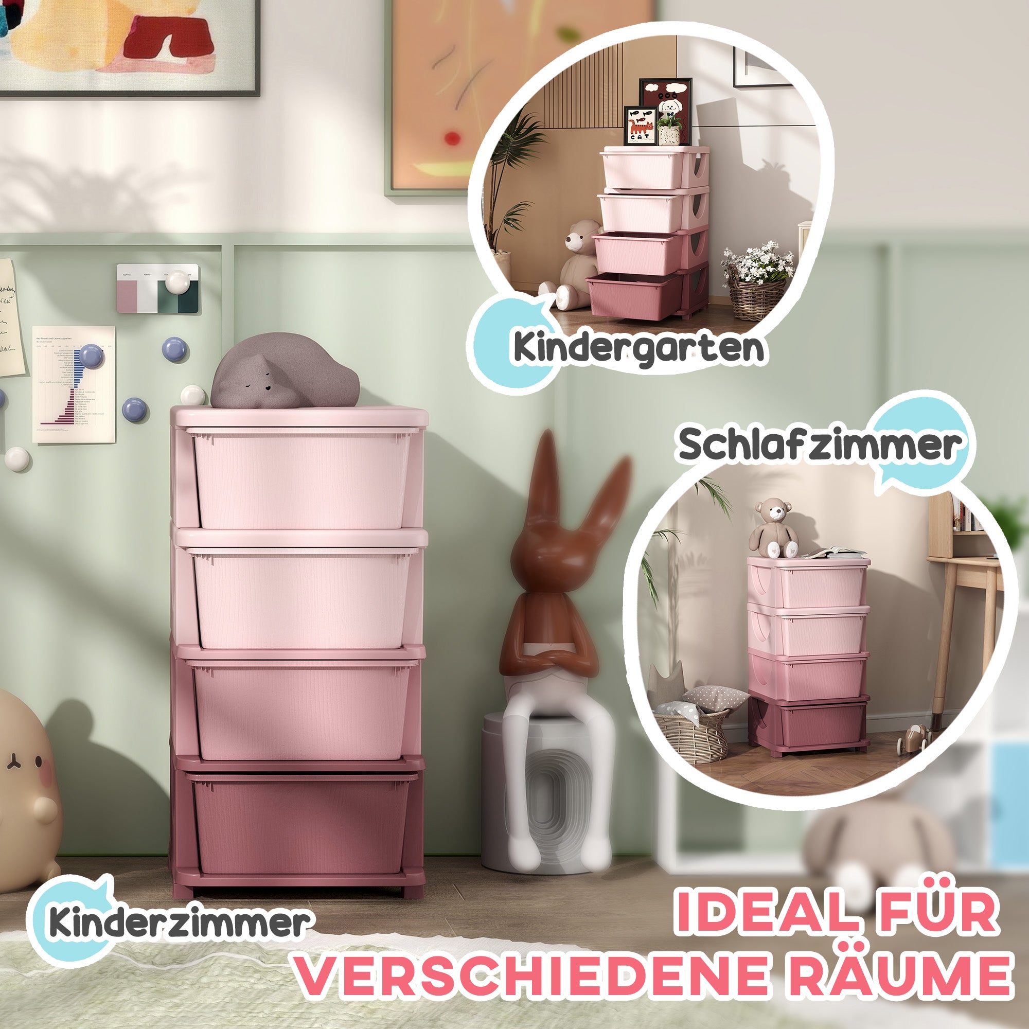 HOMCOM Aufbewahrungsboxen für Kinder, 4 Schubladen, abgerundete Kanten, erhöhtes Design, 37x37x76 cm, Rosa