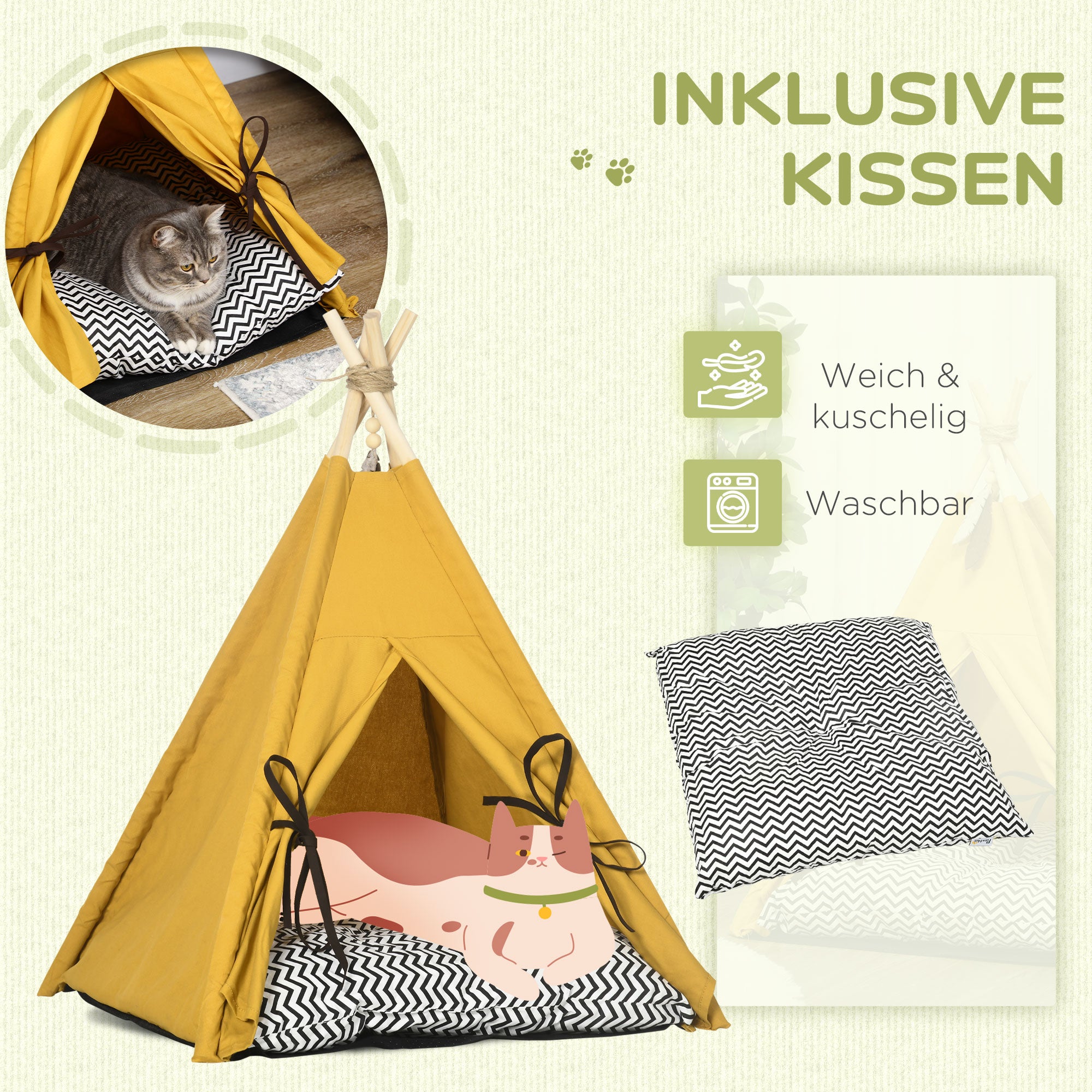 PawHut Tierbett, drolliges Tipi-Design, mit weichem Liegekissen, Bodenmatte, für Hunde und Katzen, 60 x 60 x 76 cm
