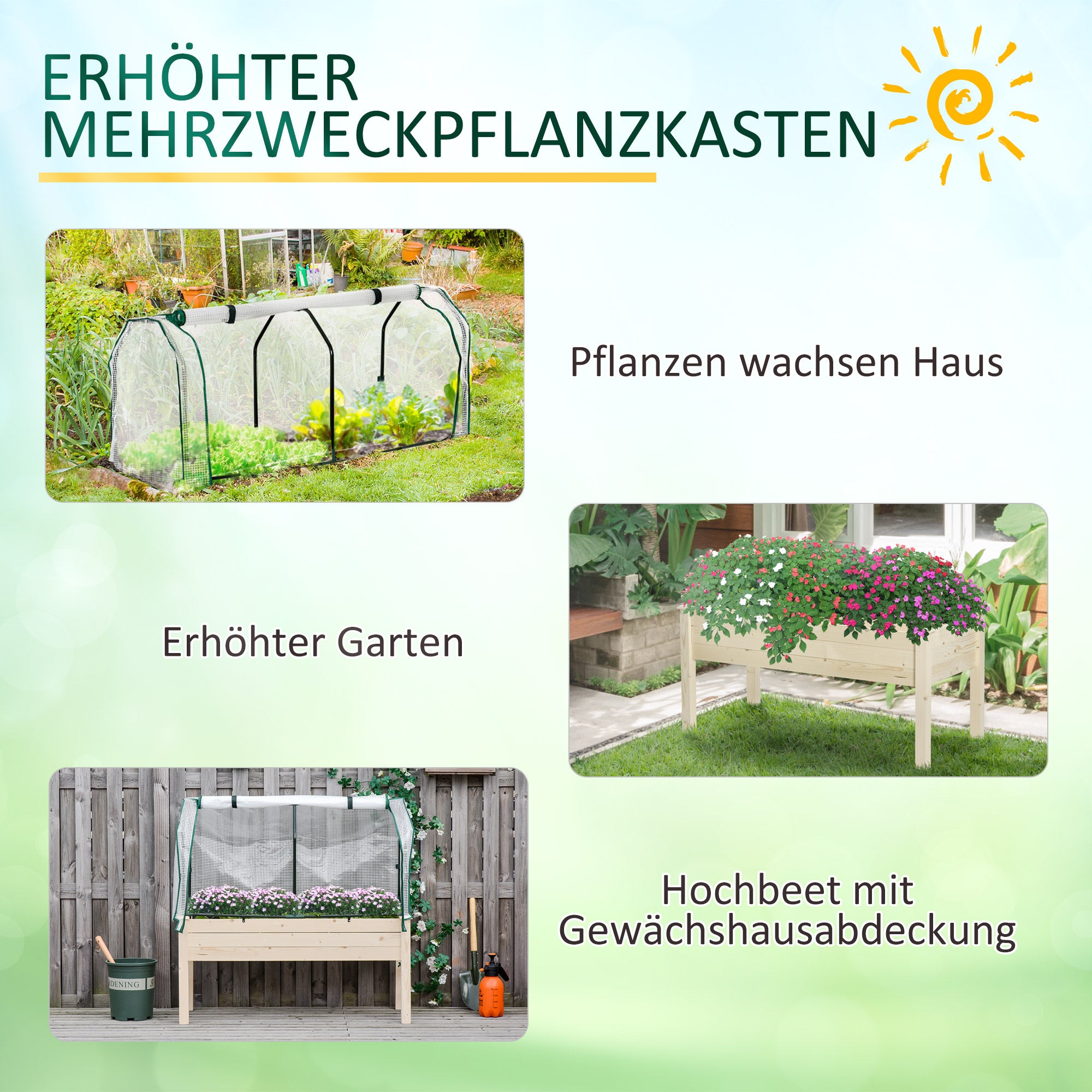 Outsunny Hochbeet, aufrollbare Folienabdeckung, Naturholzrahmen, Stoffauskleidung, Drainageöffnungen, 121 x 55 x 117cm