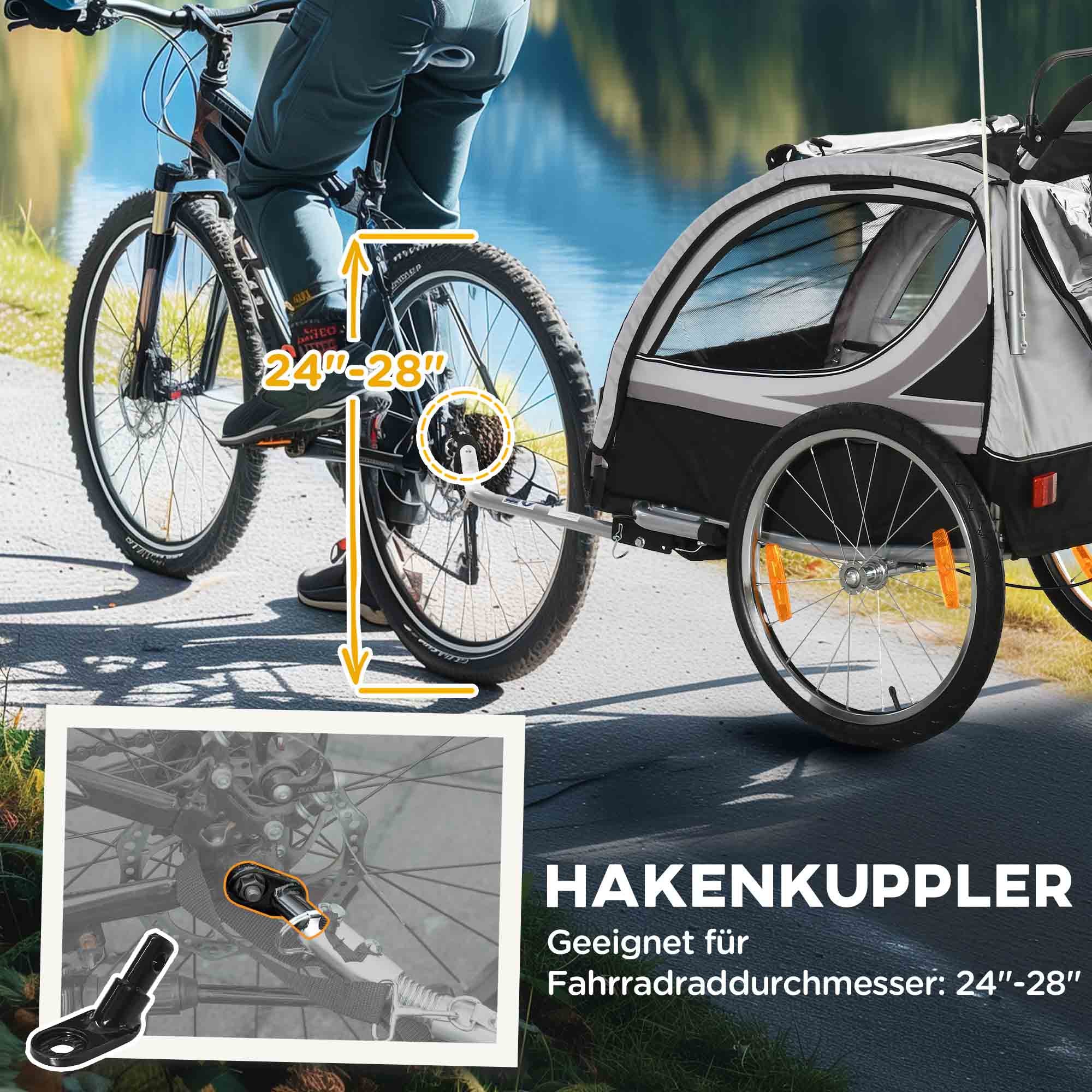 HOMCOM Kinderfahrradanhänger, Schiebewagen, mit Bremsen, klappbar, für 2 Kinder, Grau/Schwarz