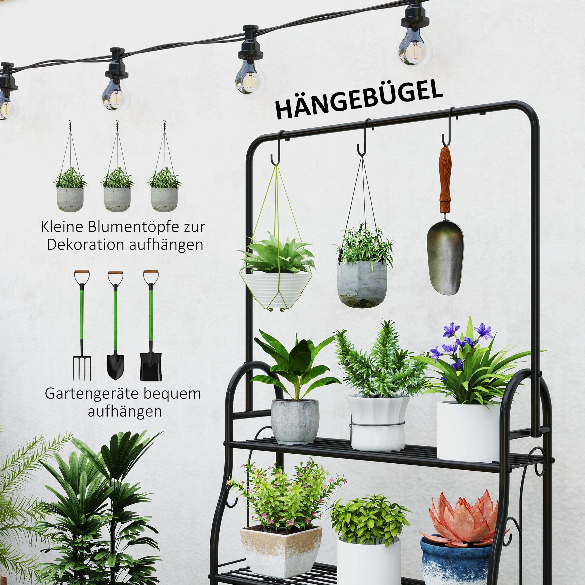 Outsunny Blumenregal, 3-stufiges Pflanzenregal mit Hängehaken, Metallregal für Blumentöpfe, Indoor- und Outdoor-tauglich, Schwarz