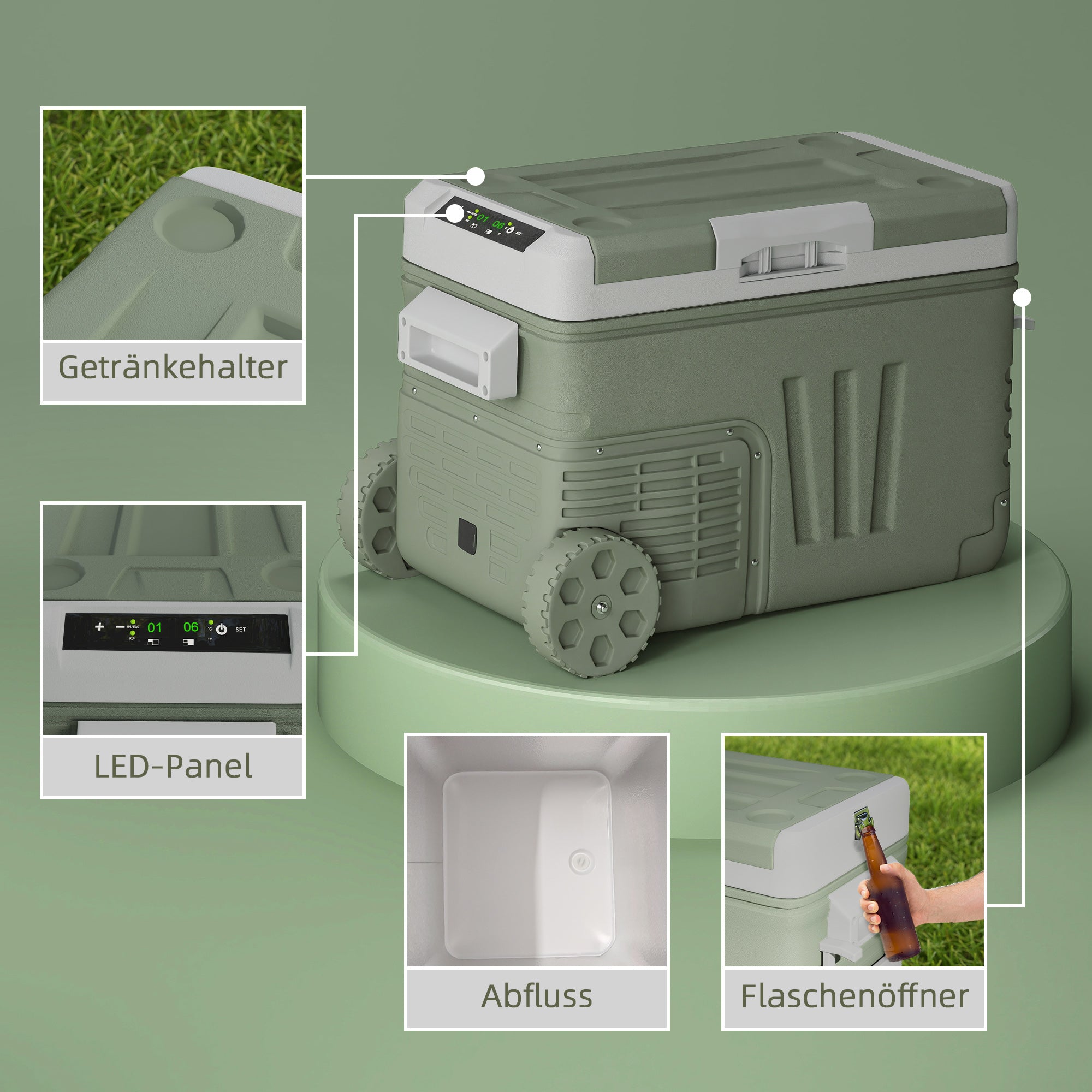 Outsunny 33 L Campingkühlschrank, Reisekühlbox, tragbarer Autokühlschrank mit 2 Fächern und Rädern, Kunststoff, Grün