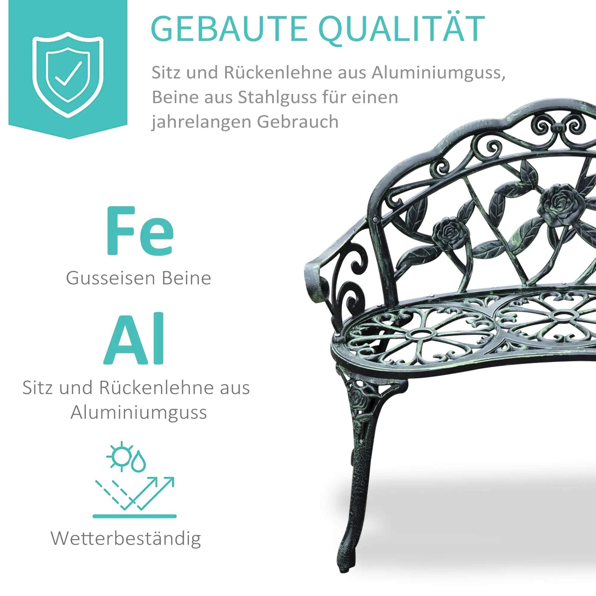 Outsunny Gartenbank 2-Sitzer Blumenmuster Gussaluminium Antik Grün