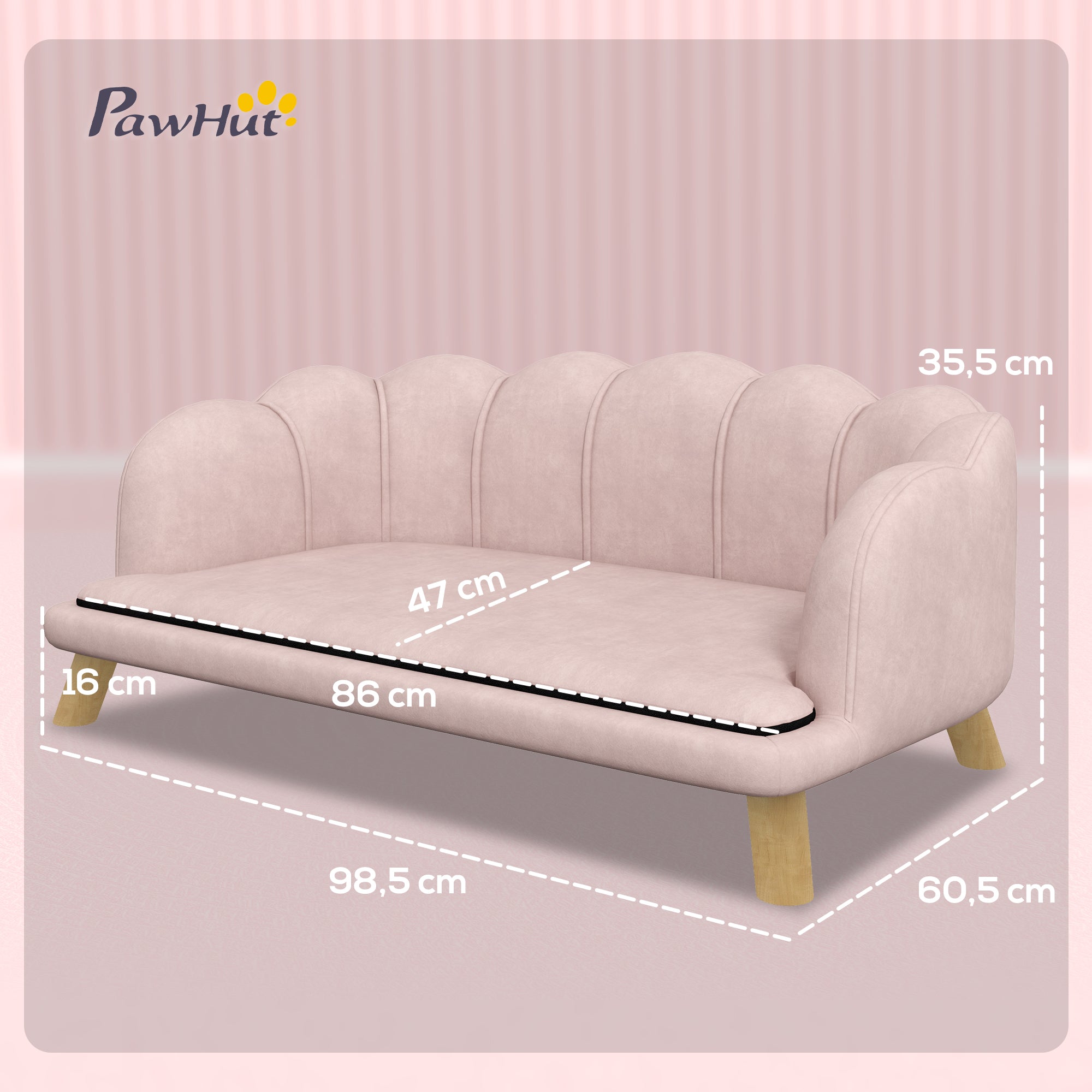 PawHut Haustiersofa für mittelgroße und große Hunde bis 25 kg, robustes Holz, gepolstert, Rosa