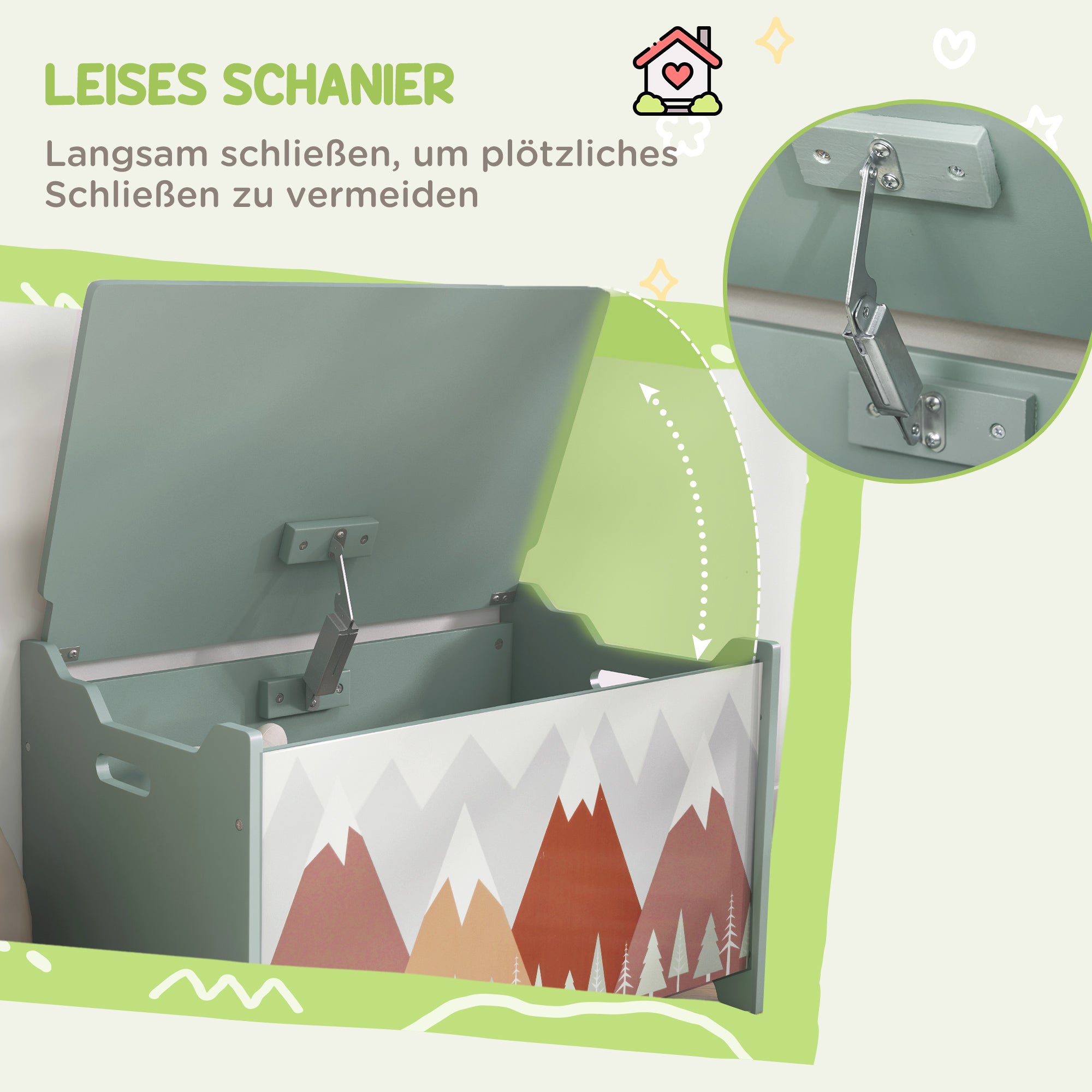 ZONEKIZ Aufbewahrungskiste, Spielzeugtruhe, Klappdeckel, niedliches Motiv, Grün